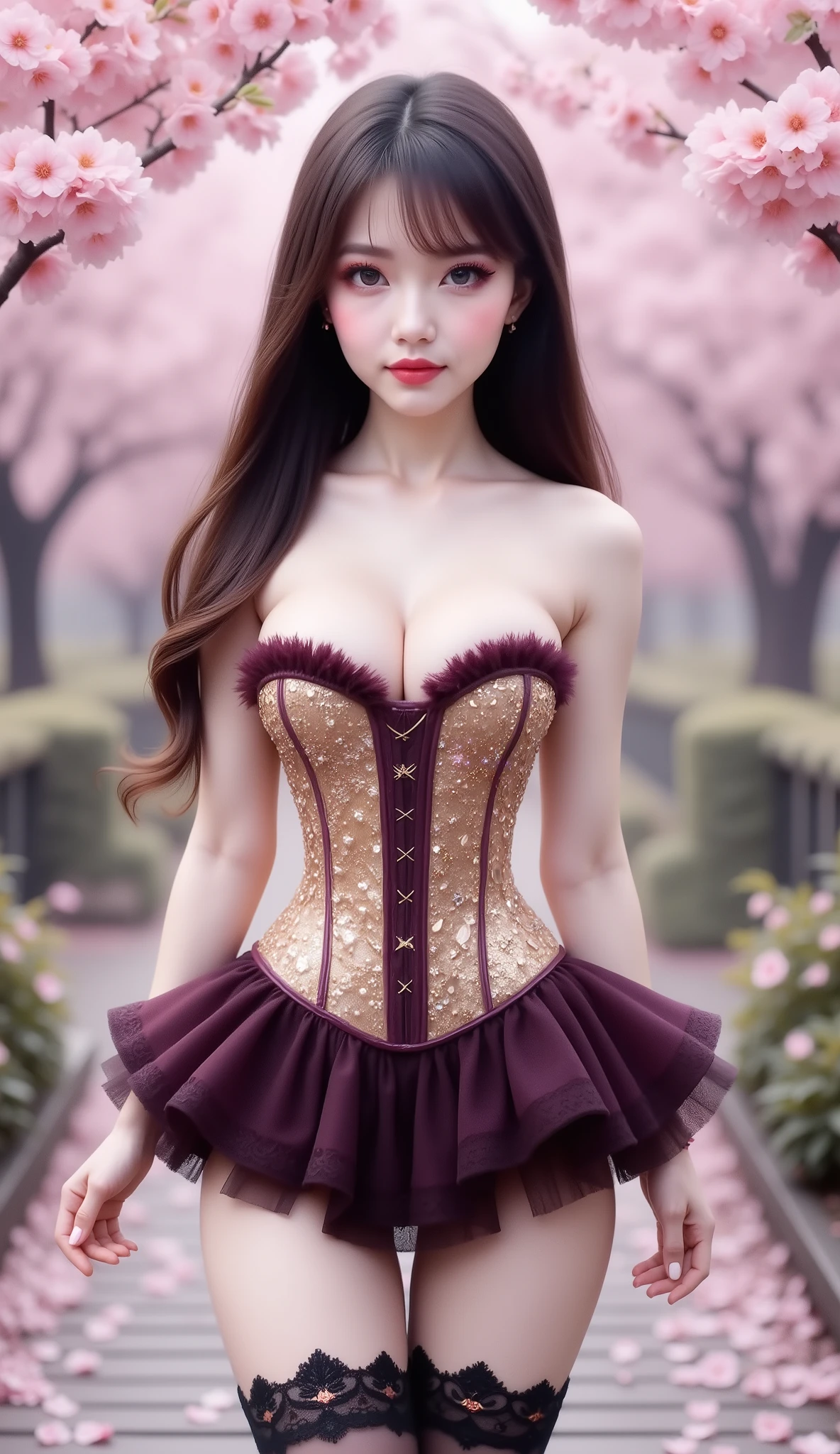 A fantasy-themed heroine stands beneath cherry blossoms, red hair, wearing a white strapless corset-like dress with a deep cleavage, adorned with sparkling jewels and intricate magical embroidery. The dress has a structured hourglass silhouette, softly shimmering in pastel hues. She also wears a ruffled micro mini skirt with a galaxy motif, thigh-high jewels, very long and thick lace stockings that reach down to the with a black lava and flames motif with chain garters, a bracelet that wraps around her thighs, and an ornate red crystal necklace around her neck. The overall look is ethereal, celestial, and elegant, evoking a magical guardian from a fantasy world. The lighting is soft, the atmosphere springtime, and the forest backdrop is enchanting.