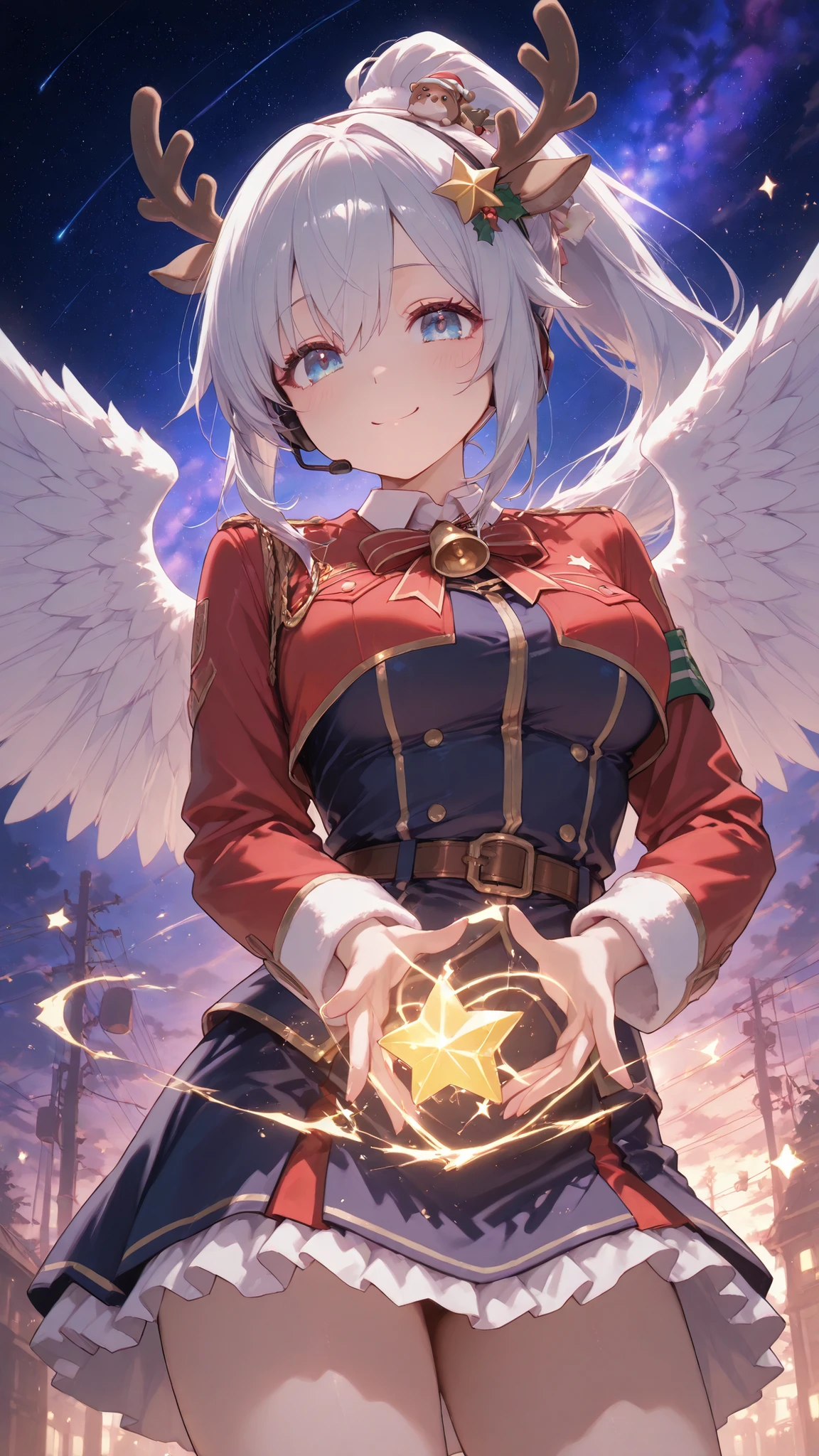 Ultra High Definition,ultra detail,gray ponytail hair,Angelic,angel wings,Clear, big blue eyes and soft redness on the cheeks,A smile that conveys emotion,Uniform-style costume and headset,Christmas,Reindeer horns on head,Christmasのイルミネーション背景エフェクト,Passionate Performances,star and heart effects scattered in virtual space