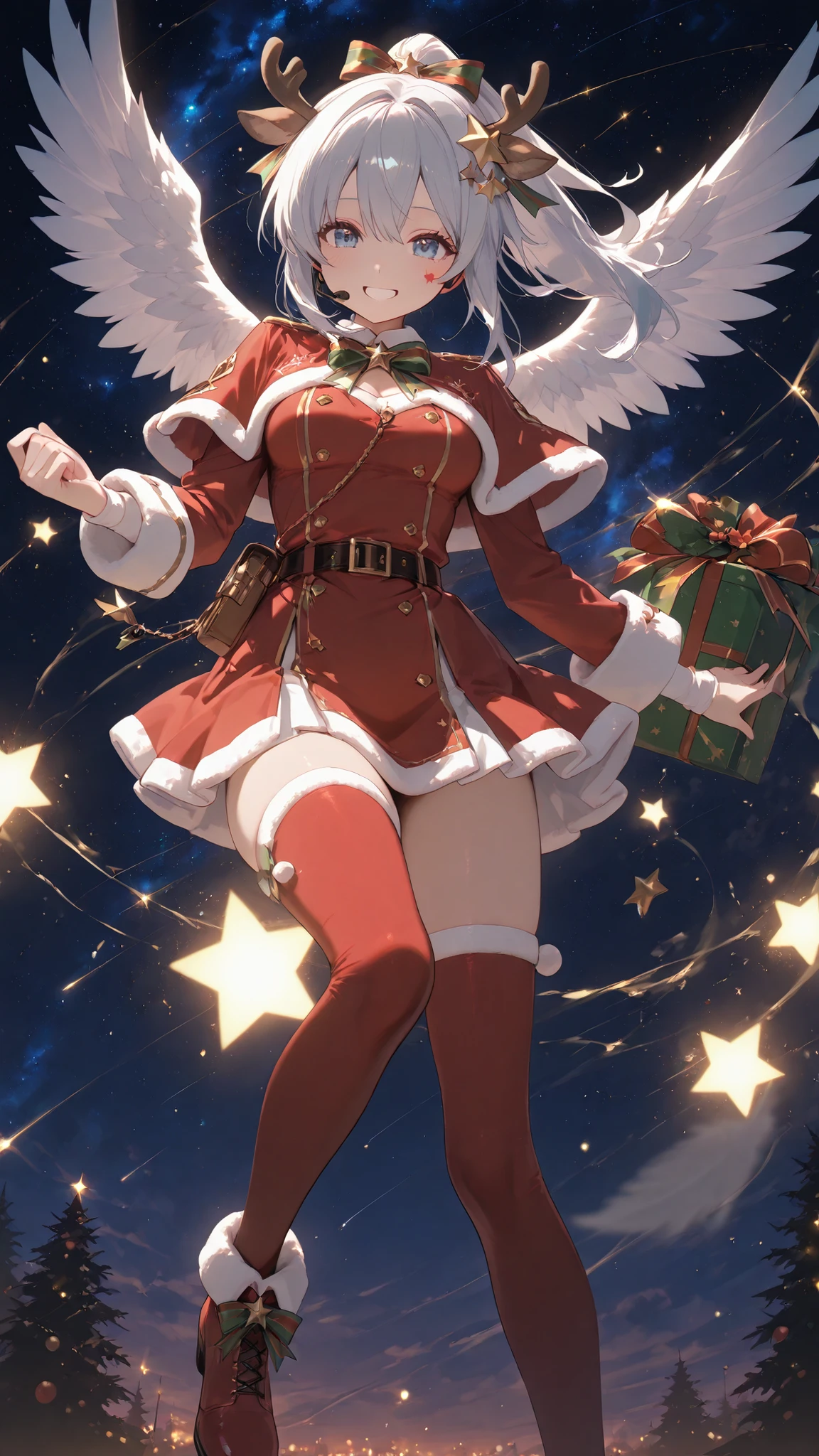 Ultra High Definition,ultra detail,gray ponytail hair,Angelic,angel wings,Clear, big blue eyes and soft redness on the cheeks,A smile that conveys emotion,Uniform-style costume and headset,Christmas,reindeer horns,Christmasのイルミネーション背景エフェクト,Passionate Performances,star and heart effects scattered in virtual space
