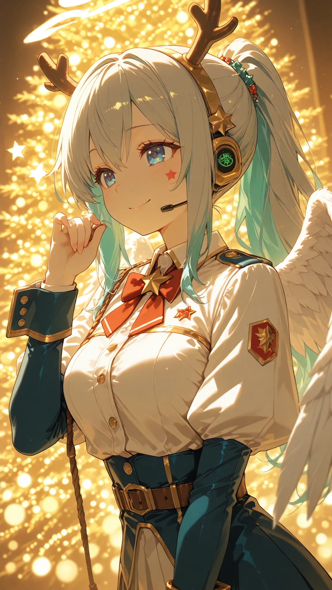 Ultra High Definition,ultra detail,gray ponytail hair,Angelic,angel wings,Clear, big blue eyes and soft redness on the cheeks,A smile that conveys emotion,Uniform-style costume and headset,Christmas,reindeer horns,Christmasのイルミネーション背景エフェクト,Passionate Performances,star and heart effects scattered in virtual space