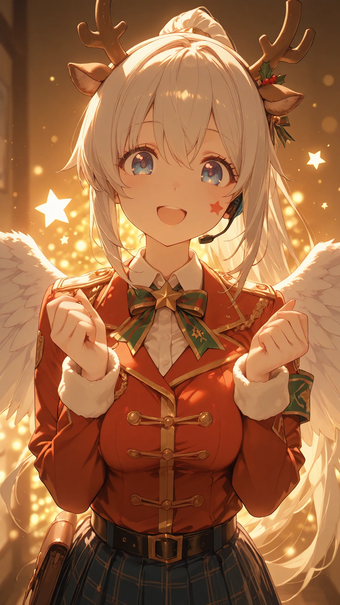 Ultra High Definition,ultra detail,gray ponytail hair,Angelic,angel wings,Clear, big blue eyes and soft redness on the cheeks,A smile that conveys emotion,Uniform-style costume and headset,Christmas,reindeer horns,Christmasのイルミネーション背景エフェクト,Passionate Performances,star and heart effects scattered in virtual space