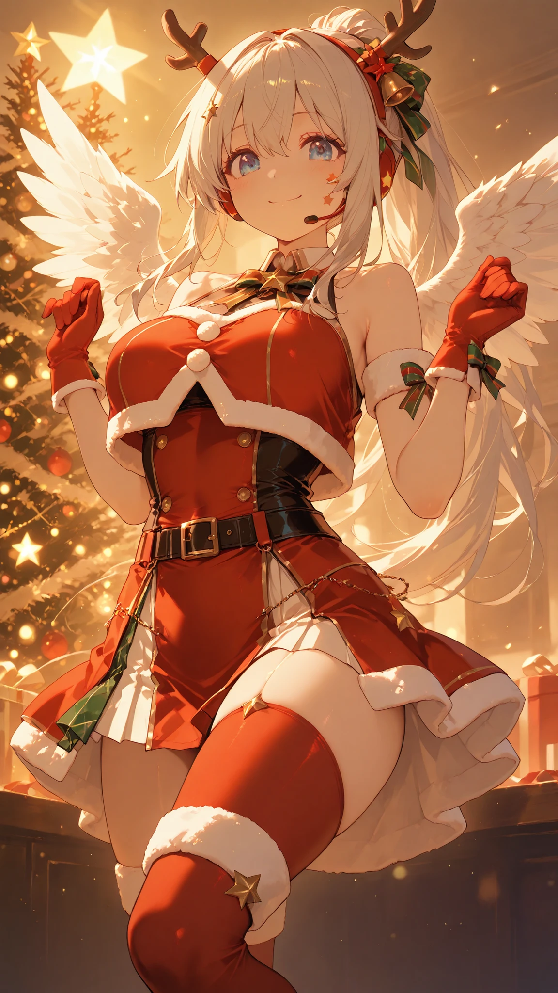 Ultra High Definition,ultra detail,gray ponytail hair,Angelic,angel wings,Clear, big blue eyes and soft redness on the cheeks,A smile that conveys emotion,Uniform-style costume and headset,Christmas,reindeer horns,Christmasのイルミネーション背景エフェクト,Passionate Performances,star and heart effects scattered in virtual space