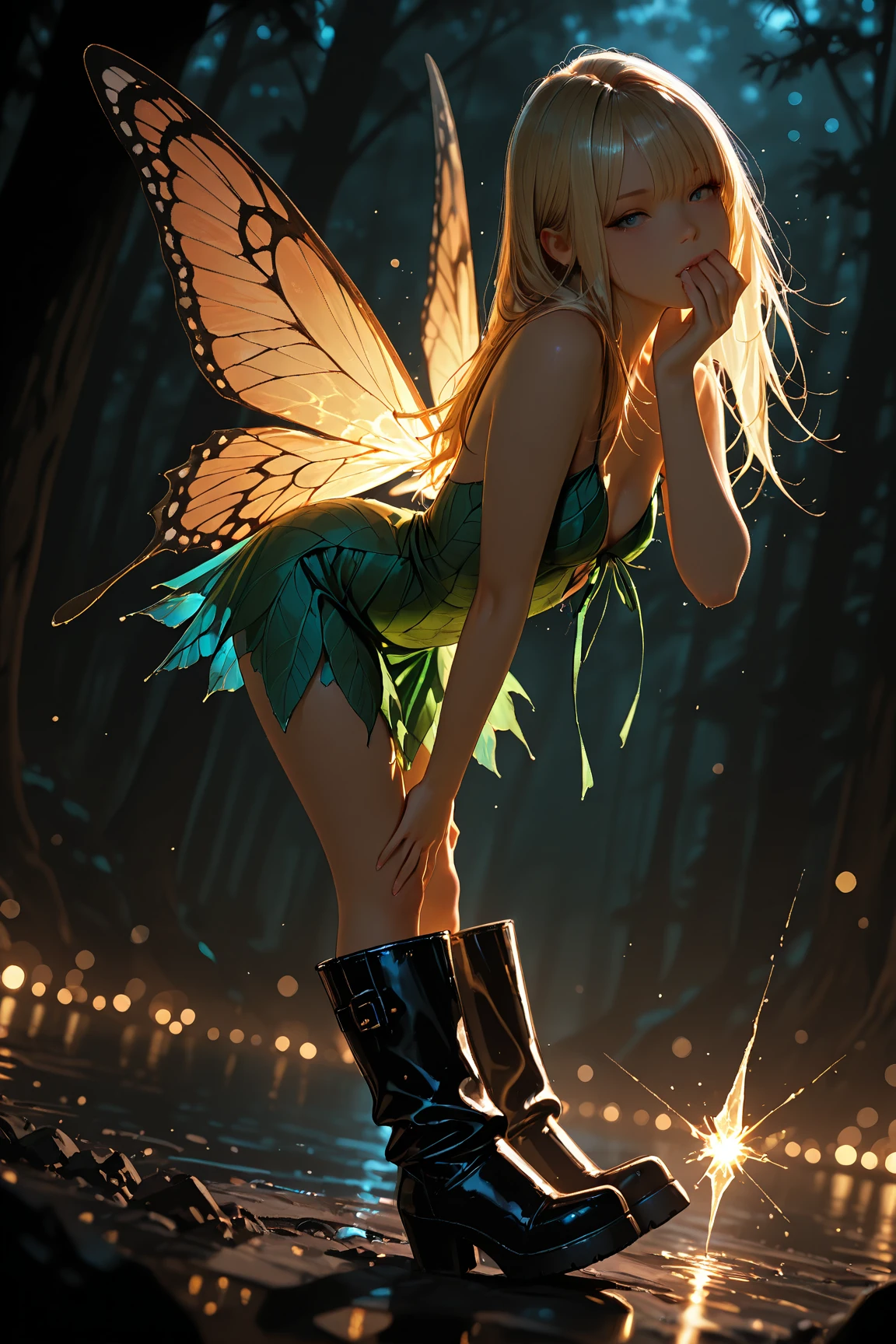 "((Innocent)) girl, golden hour, dreamy meadow, ethereal, whimsical, flowing skirt, soft sunlight, enchanting, butterfly wings, (pastel clouds), liquid reflections, squatting, , 