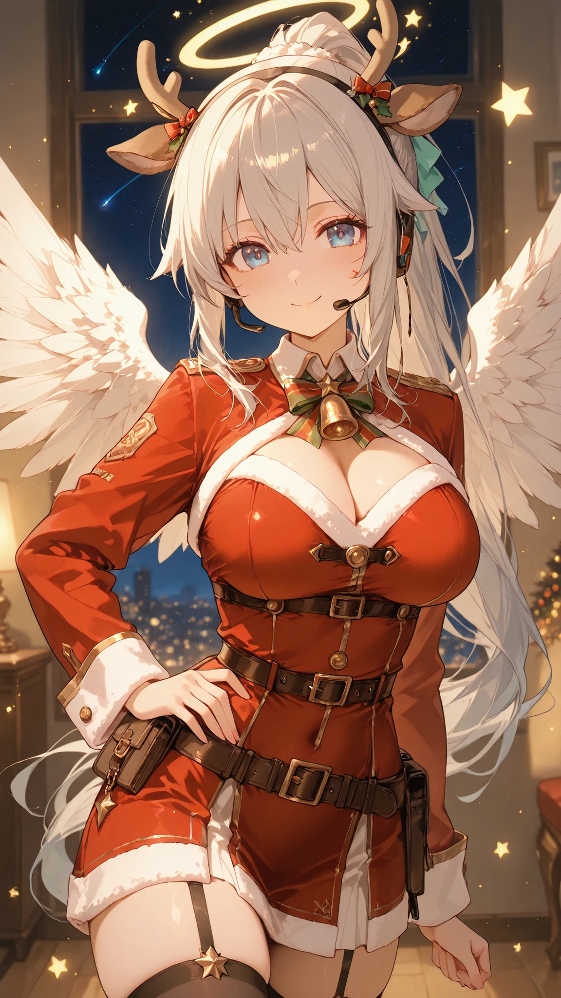 Ultra High Definition,ultra detail,gray ponytail hair,Angelic,angel wings,Clear, big blue eyes and soft redness on the cheeks,A smile that conveys emotion,Uniform-style costume and headset,Christmas,reindeer horns,Christmasのイルミネーション背景エフェクト,Passionate Performances,star and heart effects scattered in virtual space