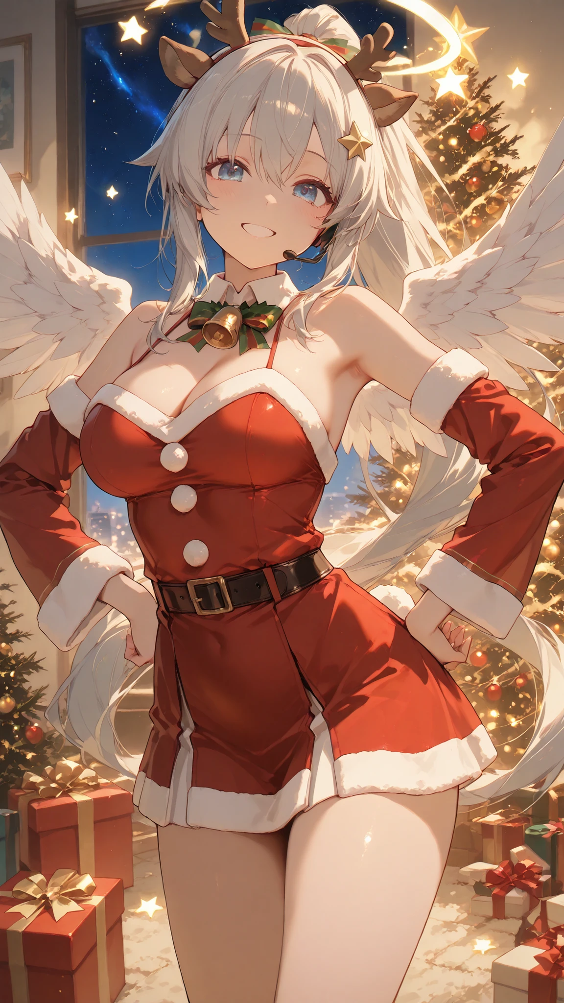Ultra High Definition,ultra detail,gray ponytail hair,Angelic,angel wings,Clear, big blue eyes and soft redness on the cheeks,A smile that conveys emotion,Uniform-style costume and headset,Christmas,reindeer horns,Christmasのイルミネーション背景エフェクト,Passionate Performances,star and heart effects scattered in virtual space