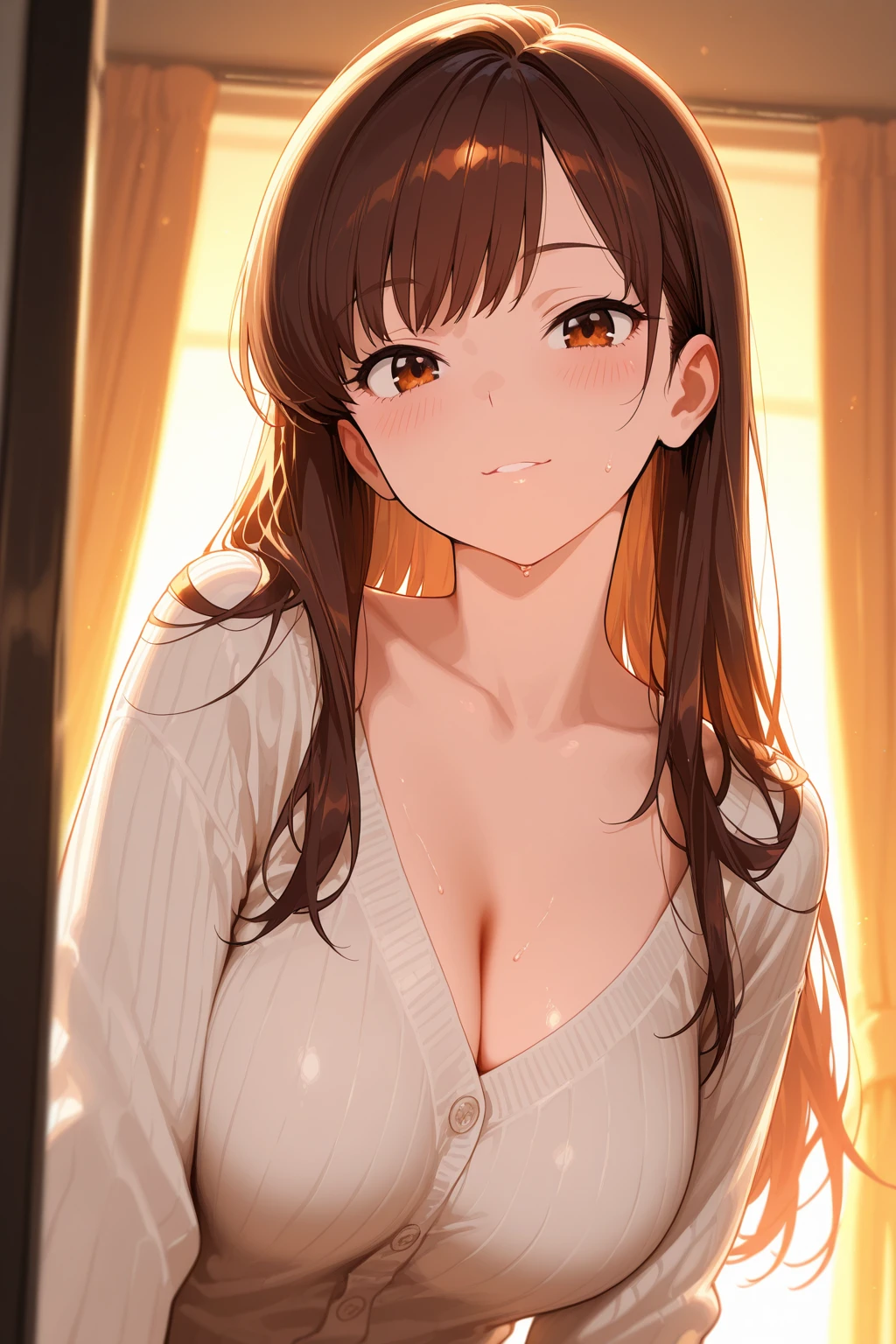 shinkai makoto, kimi no na wa., 1girl, bangs, black hair, brown eyes, open mouth :D, Twisted Half Up, red ribbon, long hair, long sleeve light yellow cardigan, , yellow shirt, cleavage, breast, medium breast, Orange shirt, name tag written "LUMINE Miyamizu", looking at the viewer, indoors, jewelry products, jewelry shop, jewelry saleswoman, indoors, mall, masterpiece, perfect , cowboyshot, POV (POV boy's hands holding girl's chest POV)