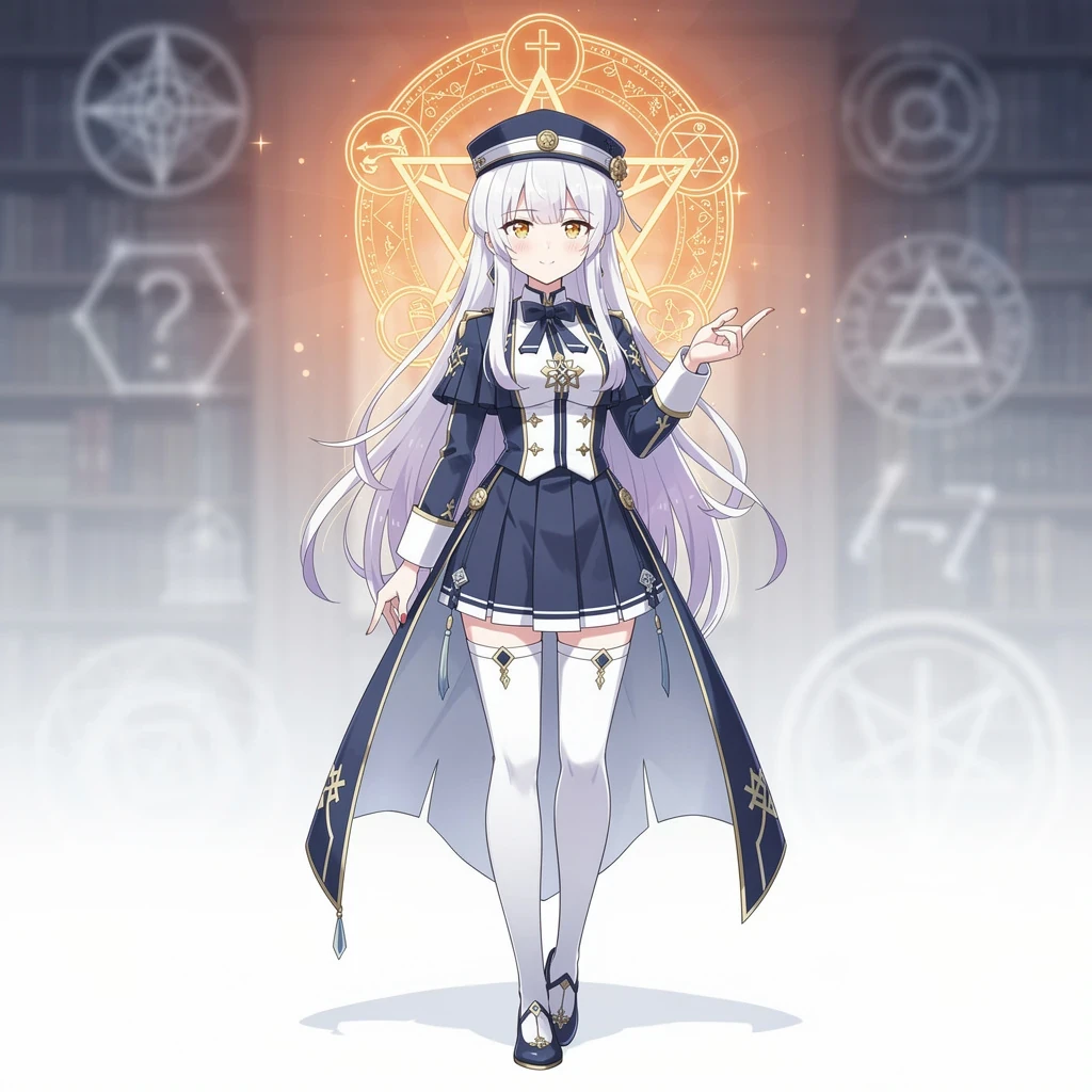 (blonde hair, long hair, sidelocks), (eyes with a mix of yellow and blue irises:1.5), two-tone eyes, multicolored eyes gradient eyes, white and blue jacket with constellation prints, (best quality,4k,8k,highres,masterpiece:1.2), ultra-detailed, portraits, (HDR:1.1), (vivid colors:1.1), (studio lighting), (bokeh), (highly saturated colors), (soft lighting), (detailed background), (subtle shadows), (ethereal glow), (pastel color palette), (delicate details), (sublime beauty), (feminine charm), (crisp focus), (fine brushwork), (impeccable craftsmanship), (emotional depth), (captivating storytelling), (intriguing narrative), (impressive realism), (exceptional artistry), (masterpiece-worthy), (awe-inspiring), blonde hair, very long hair, sidelocks, (eyes with a mix of yellow and blue irises:1.5), (two-tone eyes:1.5), (multicolored irises:1.5), multicolored eyes (gradient eyes:1.5), white and blue jacket with constellation prints, metallic skirt, (smug:1.5), (smirk), naughty face, mischievous, futuristic clothing, science fiction setting, high-tech, glowing eyes, (unicursal hexagram-shaped irises), (full body:1.5), (chains:1.5), (holographic halo:1.5), (unicursal hexagram halo:1.5)