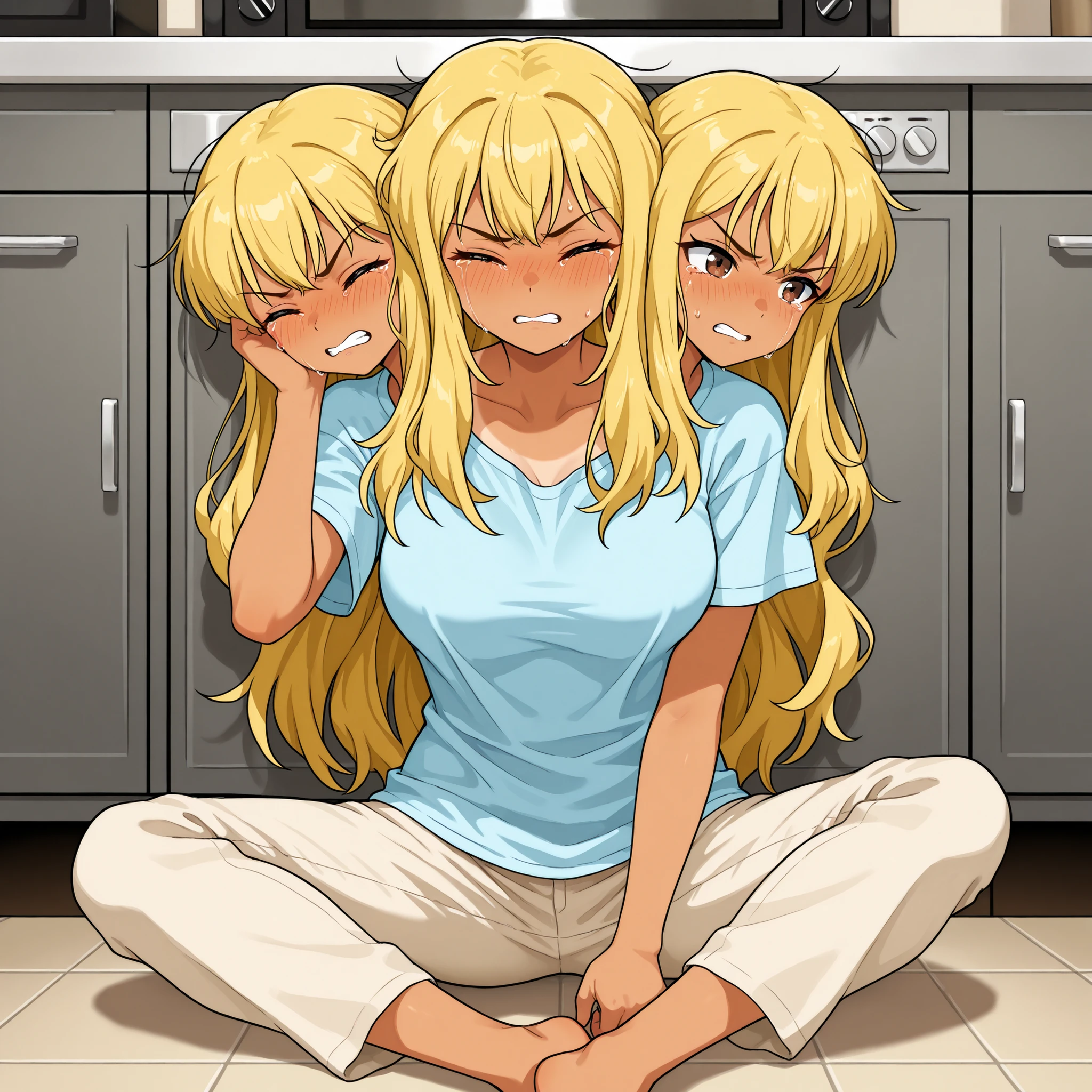 conjoined, anime girl with three heads, weary, headache, hangover, in pain, dizzy, long blond hair, brown eyes, tan skin, eyes half open, eyes closed, right head is angry, left head is crying, middle head is tired, light blue t-shirt, tan pants, sitting on an apartment kitchen floor, legs straight, leaning against the cabinet, solo
