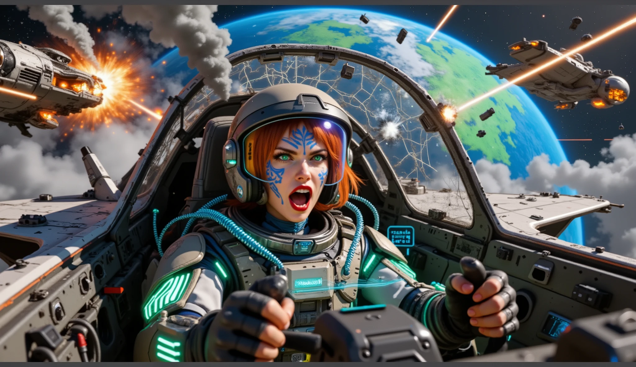 Beautiful Temptation 05,High quality, 4K, 8K, ray tracing, volumetric lighting, of a futuristic fighter pilot, seen from outside the ship. A beautiful woman. Green eyes, very short reddish-orange hair, a blue tribal tattoo on her face. Helmet with orange polymer visor with reflected holographic data, futuristic combat suit with connected cables and illuminated LEDs. She is in the cockpit at the controls of a space fighter. Seated in the pilot's seat. From the outside, we can see the space combat, with beams and explosions around the woman's ship. Bullet impacts are visible on the cockpit glass. Her ship is damaged and emitting smoke. She has an expression of pure rage and hatred on her face as she grips the controls of her fighter and looks to the side with murderous fury. We can see a blue-green planet on the space battlefield. Other burning ships are visible in the scene. Intense space battle. Cinematic image.