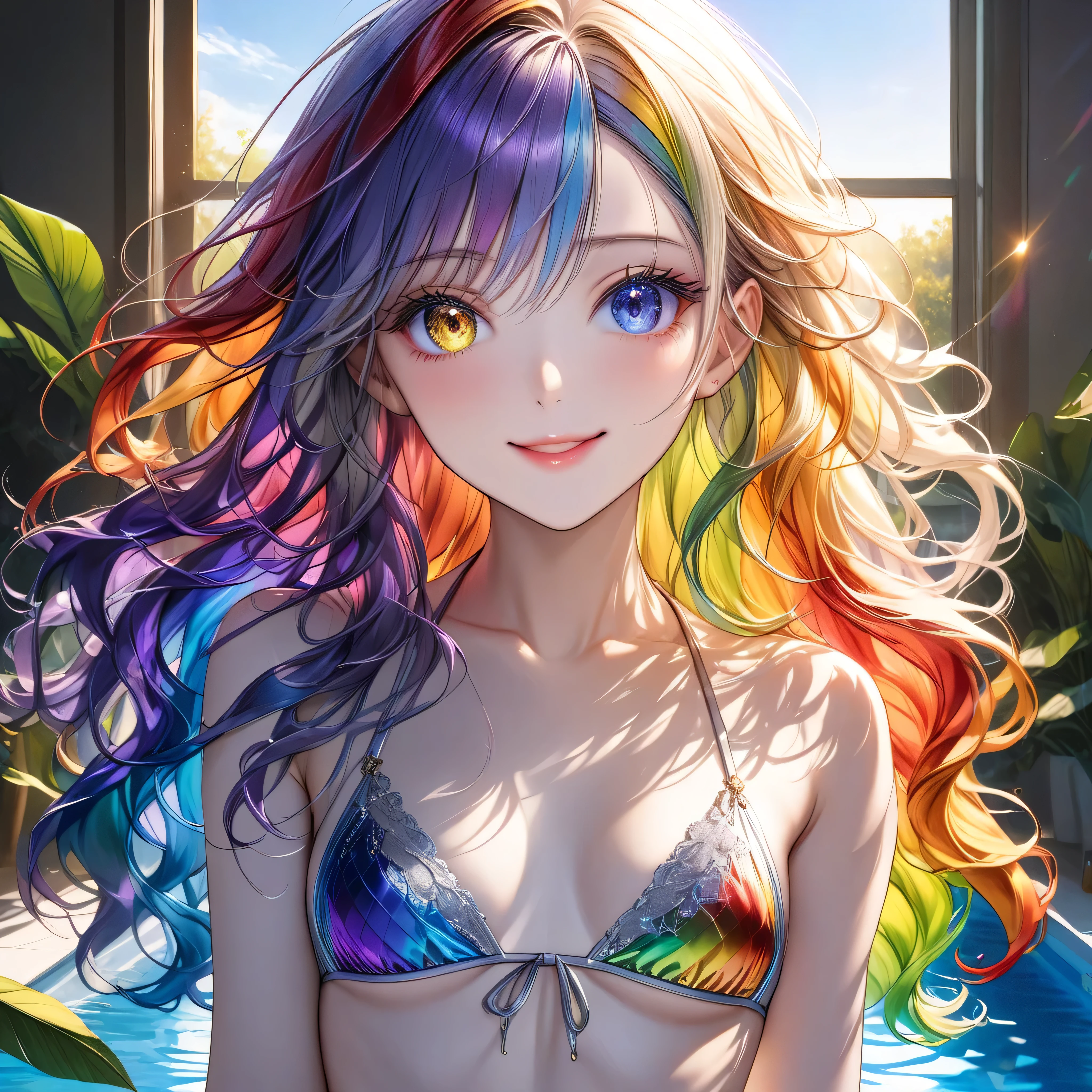 ((Top quality, ultra detailed, masterpiece, wallpaper, ultra realistic, highest photo resolution, 8K)), ((Glowing in the morning sun)), ((Long wavy hair in rainbow colors of red, blue, green, yellow, orange, indigo, and purple)), ((Heterochromia, silver and gold eyes)), (Best portrait), ((Sparkling detailed eyes)), ((Odd-eyed schoolgirl)), ((Heterochromia, silver and gold eyes)), ((Elaborately detailed eyes)), ((Crystal-like eyes)), (Highly detailed face), ((Long wavy hair in rainbow colors of red, blue, green, yellow, orange, indigo, and purple)), ((Anatomically accurate depiction)), ((Detailed down to the fingertips)), (Glossy skin, glossy lips, facial lighting), ((Translucent white skin)), (Standing posture: 1.0), (Small breasts), Slim body, (Slender thighs), (Slim waist), (Wearing a pale green silk bikini with a vibrant and delicate lace pattern), (Wearing an indigo pareo), (Rainbow-colored hair), (Bright smile), (Standing by the pool), (Sunrise rising over the horizon through a large window), (Glowing in the morning sun), (Hair blowing in the wind), (from front, full body, look at viewer), (One hand behind head), (Beautiful indoor pool scene)t