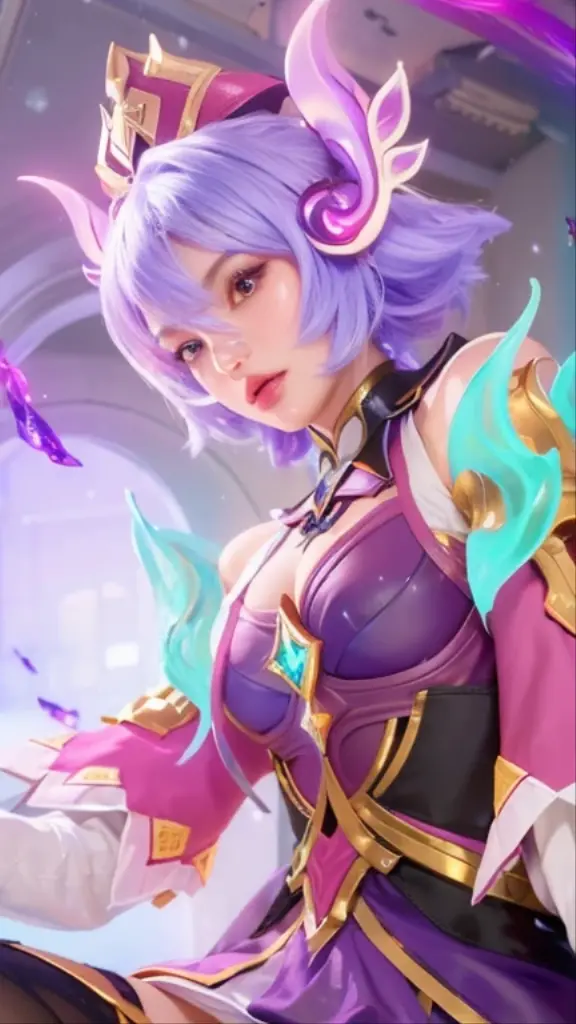Woman with purple long hair, woman with beautiful face, woman with beautiful blue round eyes, woman with blue feather wing on her right hand, beautiful woman with pink lipstick, morning background, woman with beautiful pink flower on her blonde short hair, woman using pink skirt, woman with gold Root accessories on her body, woman on green leaf background, woman with golden accessories on her head, woman using blue dress and pink white gradient color, pink flower on her Purplehair, purple dress, i SAID purple DRESSSSS