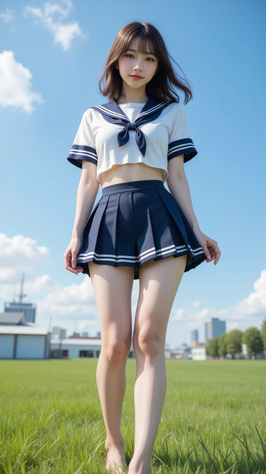 Girl Standing In Schoolyard, Cumulonimbus clouds floating in the summer sky, (Navy blue school swimsuit:1.1), (On a white sailor shirt), school bag, 13 years old, (Very slim:1.4), Thin thighs, knees, Brown eyes, Short hair tied low
