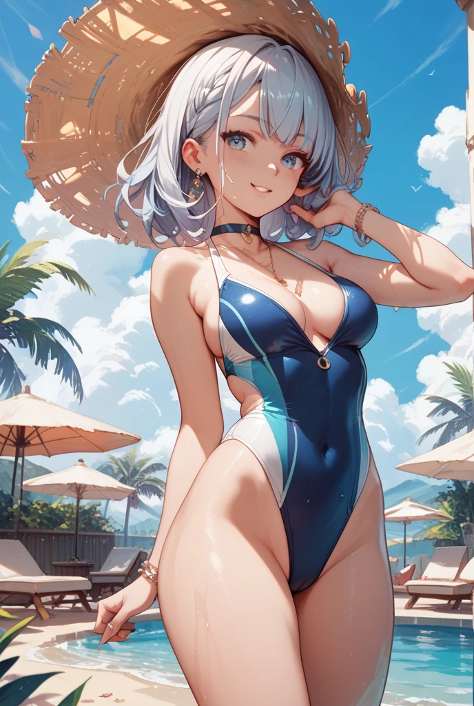 　3 girls High level image quality　best image quality　8K　 adult woman    pool party  rain　palm trees  more colors   whole body view　portrait　mix color bikini   　horn    ears  　short hair（（shortcut）（gray hair）（perm）（fluffy））　eye color is blue ,  , 　attractive evil face , smile   ,  sexy pose   ,  labrynth ,  barearm     , sittings  by the pool , crossed legs  , all wet , view foot arc , view sexy slippers  