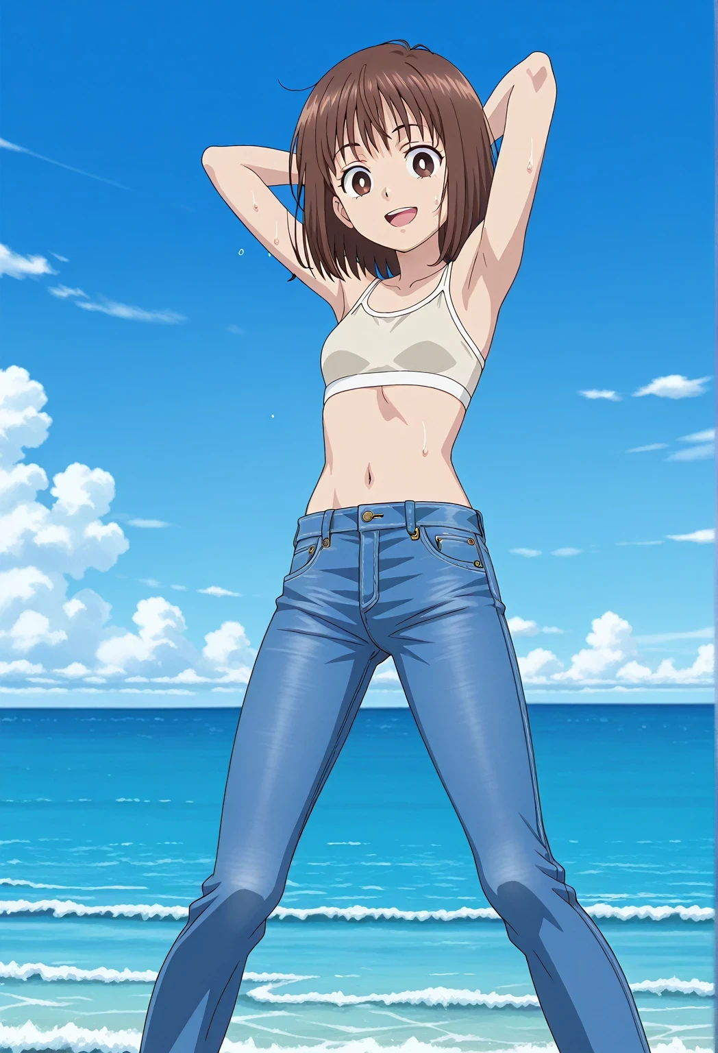 score_9, score_8_up, score_7_up, source_anime, highres, hi res, ((best quality, top quality, perfect quality, Highest Quality, amazing quality)), {{masterpiece}}, {{an extremely delicate and beautiful}}, 2d, intricate details, official style, anime, 8k, anime style, official_anime, official art, digital painting, cell shading, soft shading, high resolution, soothing tones, Subdued Color, Soft cinematic light, adobe lightroom, photolab, HDR, intricately and hyper-detailed, ((high quality animation)), 1 girl, Alone, solo, ((ocean)), tsunami, on the water, day, sunny, outdoors, sky, windy, yosugiww, Nohara Hiroshi's Lunch Style, brown eyes, white pupils, brown hair, medium hair, bob cut, anime coloring, anime screencap, small breasts, light beige sports bikini top, best quality, hyper-detailed jeans, ((blue jeans:1.9)), (dark blue jeans:0.6), medium body, medium shot, Open mouth, small smile, sweat, standing, hyper-detailed arms, ((arms behind head:6.0)), ((perfect arm line:3.5)), ((hyper-detailed arms:2.5)), balance arm, raise elbows, bowlegged, natural stand pose, action, looking at viewer, spread legs, Bend knees slightly, from below