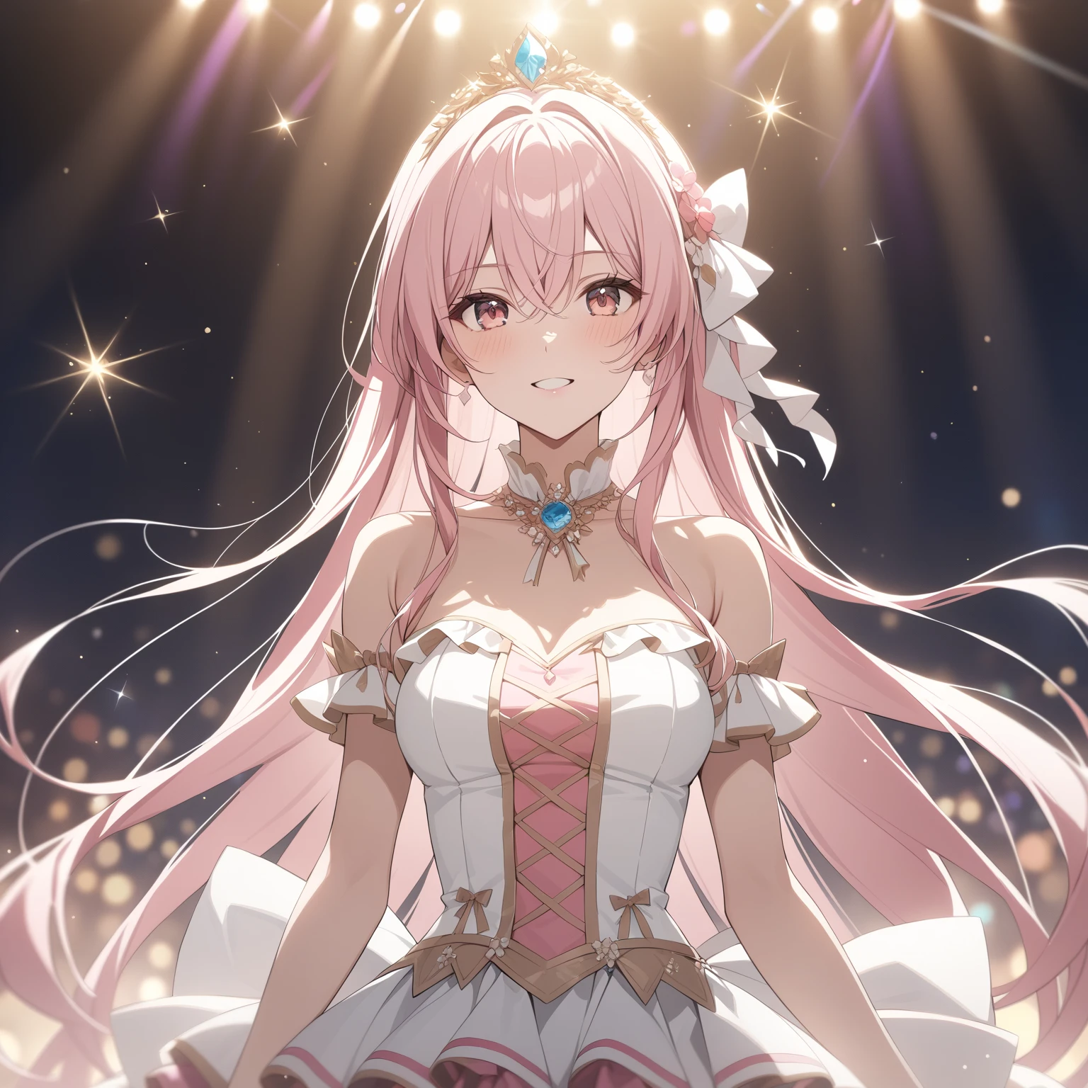 masutepiece, High resolution, 8K, anime woman, Delicate and detailed writing 、Detailed digital illustration、Wolf ears、Very long hair and shiny、Bangs、a very beautiful woman、Eyes are double, Large,  is D cup、High image quality, High quality、Detailed background、(((Wearing idol clothes)))、((Glittering live stage backdrop))、The inside of the eye shines like a diamond、Light pink hair、Gradient pupil、(((2 arms、4 fingers, 1 thumb)))、Detailed female face、Very beautiful and cute woman、、细致背景、​masterpiece、Soft Focus , Bright gradient watercolor , Lens Flare , (((Glitter))) , Glow , Dreamy , Holding a microphone in hand、a 、Nothing at hand、Idol、Pink ribbon、Very beautiful golden hair accessories、