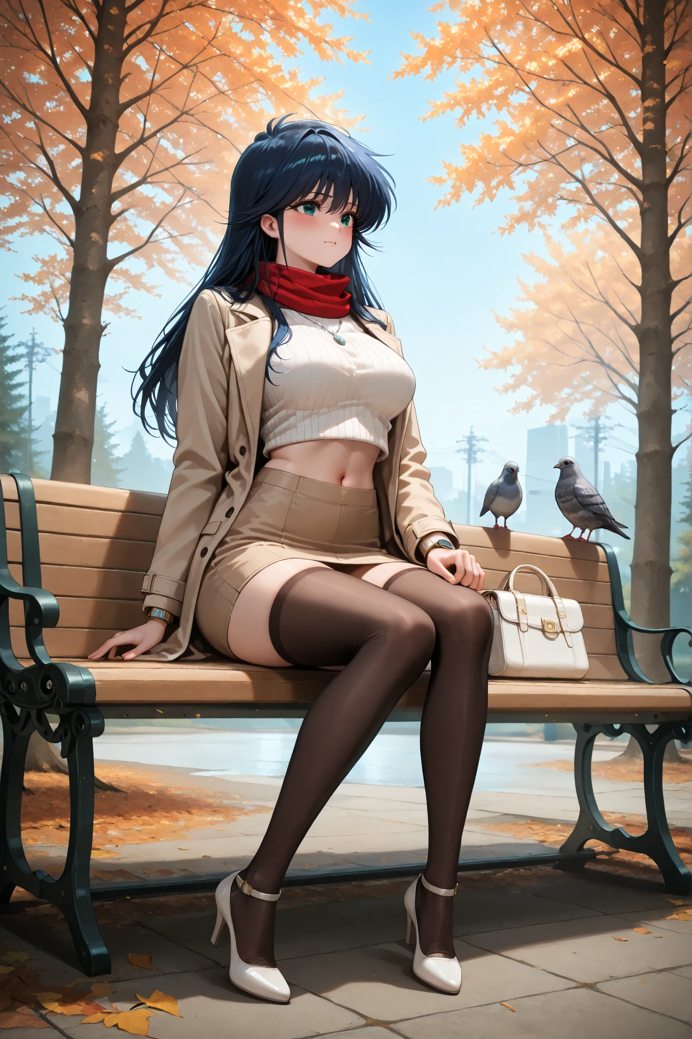(ayukawa madoka),(1girl),dark blue hair,big breasts,,crop top,exposed her navel,micro mini skirt,{{masterpiece}}, {{{Highest Quality}}}, {{Super Detailed}}, {{illustration}}, beautiful details after the first,{{ Color Difference}}, {{caustic}},depth of field,wonderful,Precise Details,white sweater,silver necklace,brown thigh high stockings,,white high heels,beige long coat,opened the coar,beige Flared mini skirt,red scarf,watch,white sholder bag,she is sitting on a bench,full body shot,view from below,(blush),(punting face),trees,flowers,in,good outlook ,ruanyi0722,autumn leaves, tree, nature, outdoors,in park,pigeon,blue sky