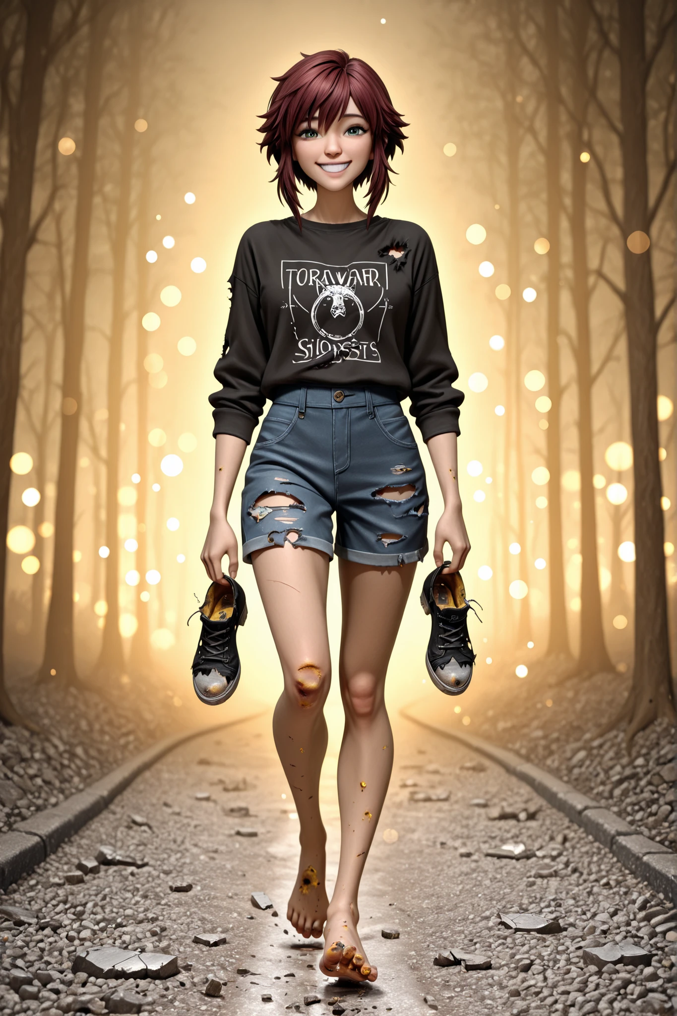 full body, front view, looking at viewer,
solo,
1girl, female, teenage, smiling,
barefoot, torn blisters on heels, carrying broken shoes in hand,
walking, gravel path, toward misty forest,
bokeh background,
emotional, manwa anime 3D CGI style,
high quality, RAW photo, ultra highres