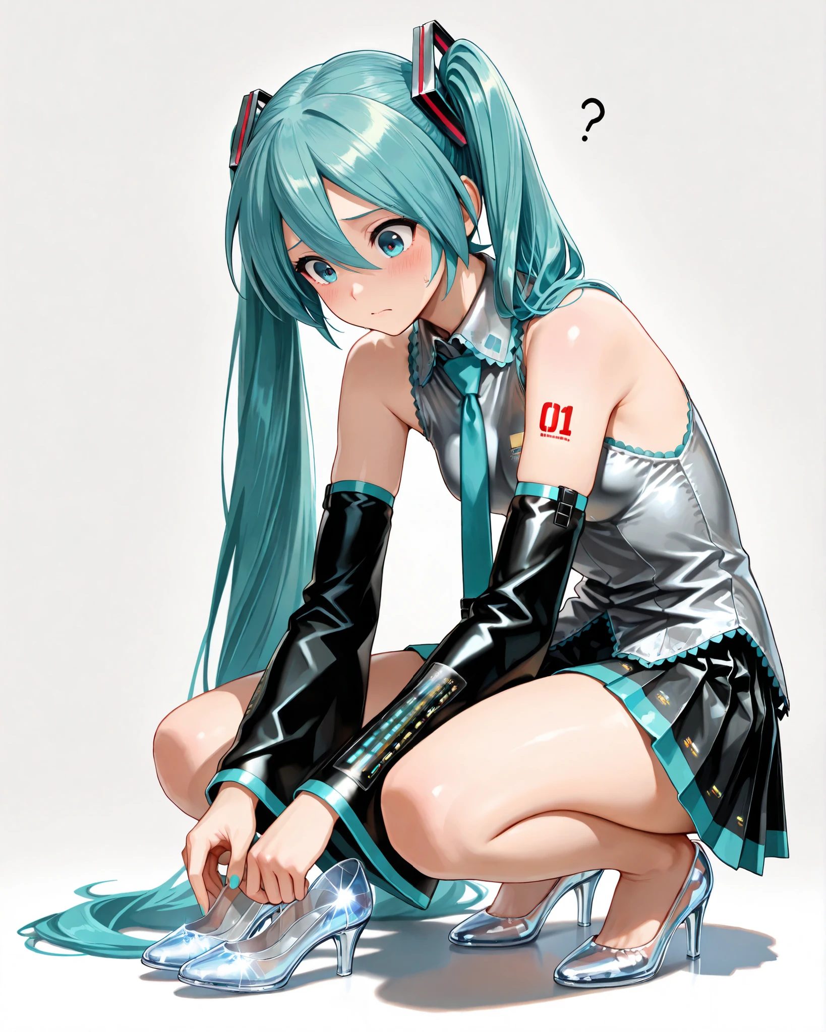 (top quality),(masterpiece),(8k),(High Resolution), (very nice illustration), (super detailed) , (beautiful details after the first), (Beautiful eyes with attention to detail) , blue eyes, solo , girl , Hatsune Miku , turquoise hair , Twin Tails , confused ,sad face , creating a perfect body line , anatomically accurate drawing , Hot body ,Accurate Finger , has a red 01 tattoo on one of his upper arms , light effect , turquoise nails , small , Grey Sleeveless Shirt , and a turquoise tie , Black miniskirt ,  black sleeve, detached wide sleeves , black pleated skirt , BREAK, glass shoes, Oversized Slippers, squats, Wear shoes, 