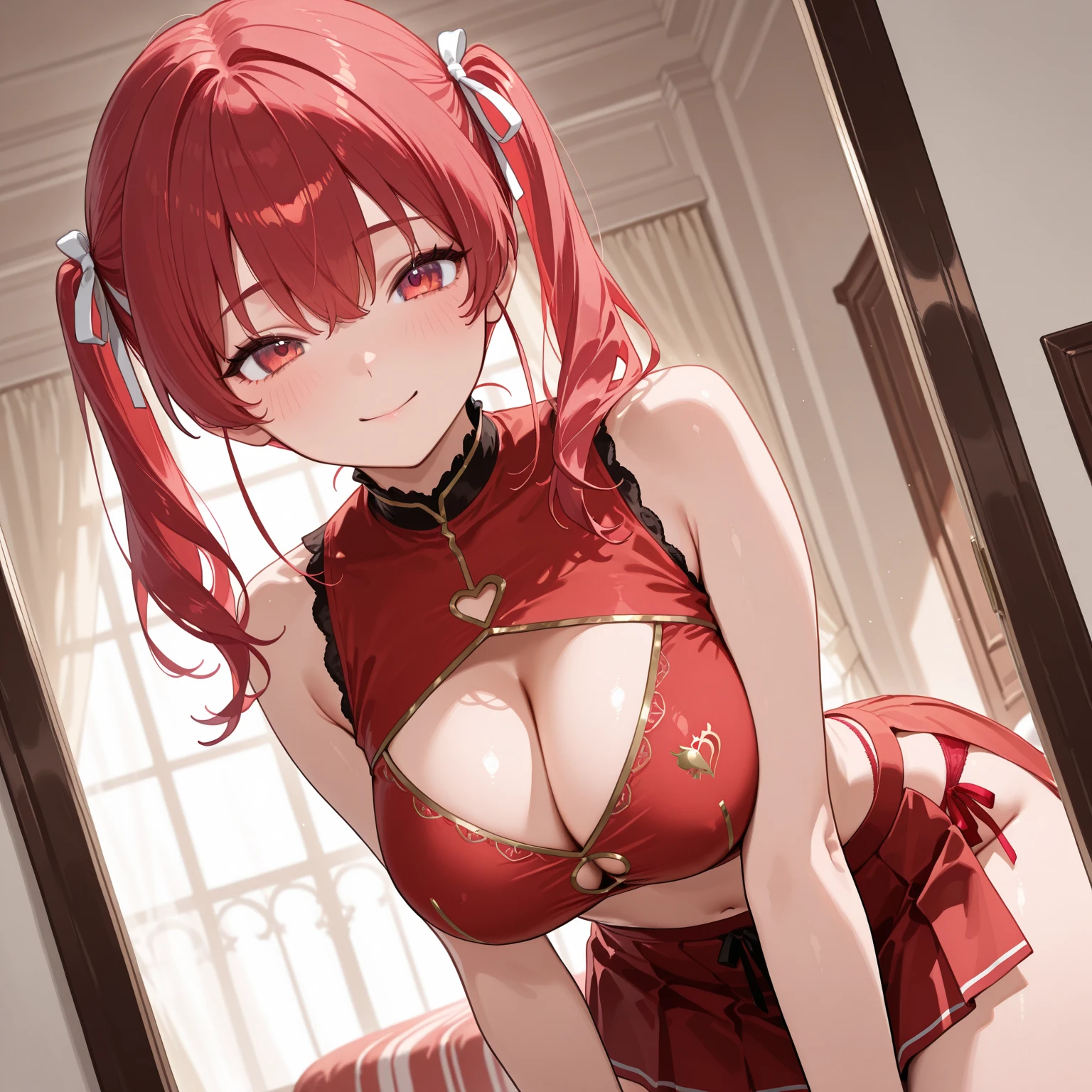 masterpiece, Highest quality, High Resolution, HS1,blush,smile,NSFW、Balcony、Big Breasts、China dress、Bun Hair、Hands behind back