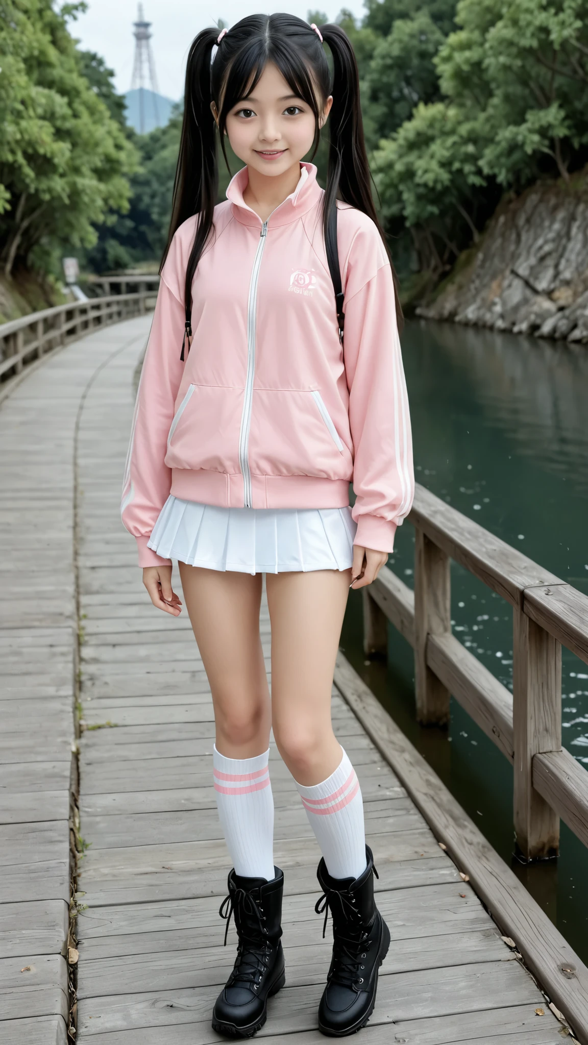 A young Japanese girl is standing near a riverside in Japan、17 years old、cute face、long black hair、Twin Tails、Stylish cute pink long sleeve clothes、jacket、miniskirt,knee-high socks、sports boots、on the side、full body view