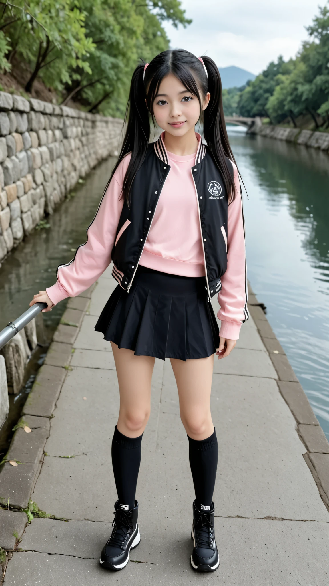 A young Japanese girl is standing near a riverside in Japan、17 years old、cute face、long black hair、Twin Tails、Stylish cute pink long sleeve clothes、jacket、miniskirt,black knee-high socks、sports boots、on the side、full body view