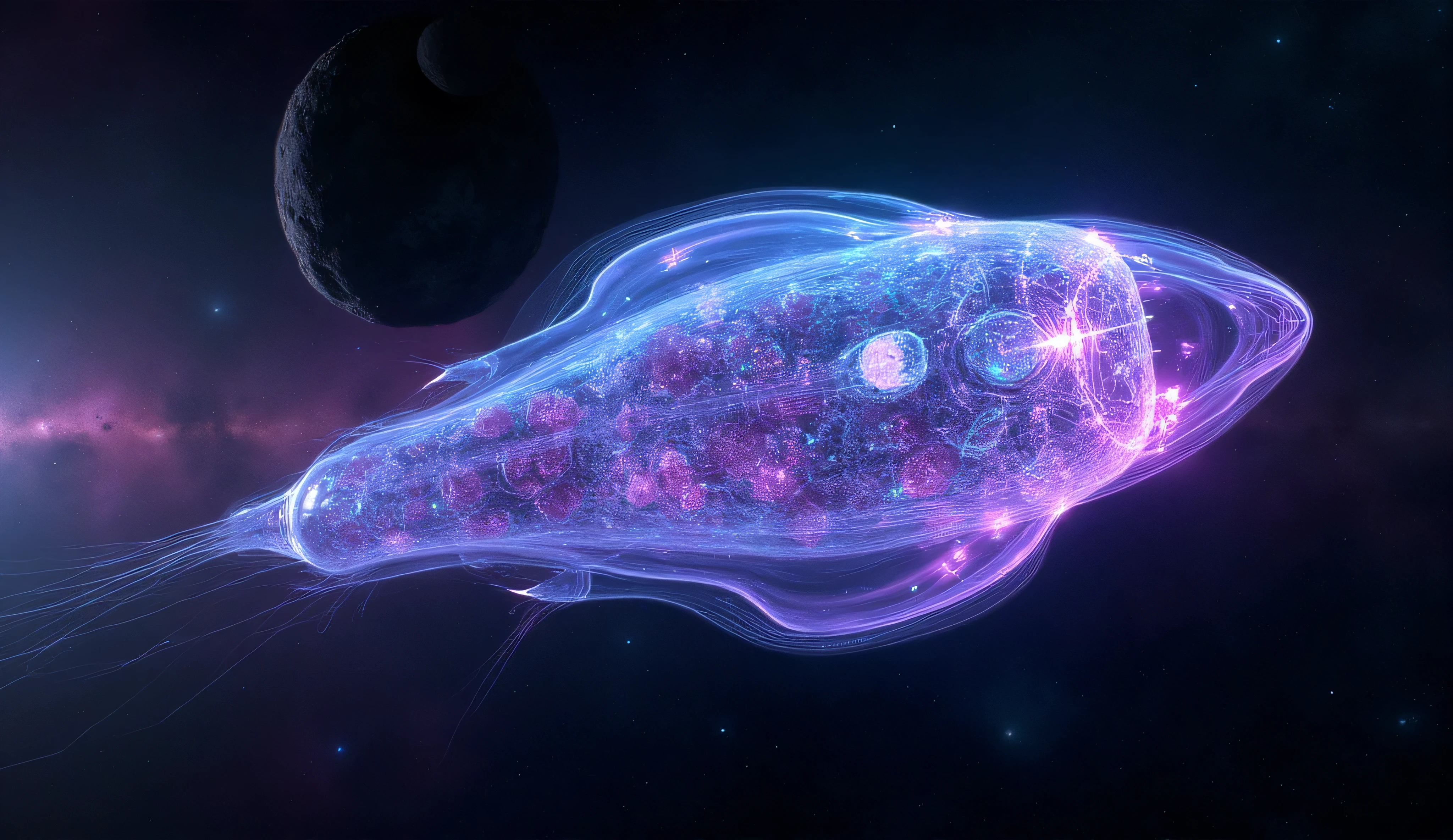 Amoeba, Endless space, alien space bio‑ship, drifting, deep space, designed for intelligent amoeba‑like lifeforms, enormous translucent organic spacecraft, no hard edges, shaped like a flowing droplet, semi‑transparent hull filled with slowly shifting amoeba forms that glow in neon turquoise violet and pink, veiny tunnels, cell‑like chambers, faintly visible, pulsing with bioluminescent light like living circuitry, outer membrane has soft ripples, cilia‑like fins, long trailing tendrils that steer the vessel, faint luminescent trail, distant stars, colorful nebula in the background, cold dark space around, cinematic composition, highly detailed, ultra realistic sci‑fi illustration, 4k