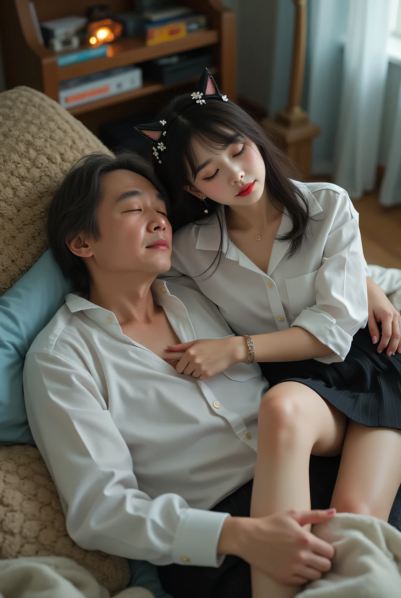 ((room with TV))、perfect masterpiece、beautiful dark-haired young woman、white skin、Pretty Face and Perfect Asymmetrical Body、(old gentleman touching with black velvet gloves)、Uniform - White Shirt with Black Miniskirt - Cat Ears。masterpiece、High Quality、Overwhelming Perfection、born々New texture、Moments of Friendship、realistic texture depiction。((she's closed her eyes))、 (Leaning on the Old Gentleman Next Door、sleeping))、、High Definition CG Unity 8K Wallpaper、最High Quality、extreme detail、masterpiece、real、photorealistic、Very Detailed Cute Girl、18 years old、Girl sitting in a seat 、skinny、Favorability、 functionality 、low angle、Red cheeks、Flushing lips、(Black Loafers:1.5)、 (beautiful face:1.3)、(perfect proportions:1.2)、(long limbs:1.2)、(beautiful:1.3)、(Skin type)、(Rainy Japanese Style Uniform)、 (Cat Play Ball)、(BAPV) beautiful、long hair、viewers、Smile Yan、blue eyes、hair ornaments、、gem、gray hair、 close their mouths 、dull bangs、nail polish、Bracelet with Legs Outstretched、lips、Grey Eyes Behind、portrait、red nails、 close、Red lips、stand up、 place your hands on your cheeks、((電車のGirl sitting in a seat 、))、 (open your legs slightly to make)、Dozing off、(leg enlargement )、Man's Hand Placed on Her Thigh、(8k、RAW images、最High Quality、masterpiece:1.2)、supermodel、fair skin、real shining skin)、 ( RAW images、Max Image Quality)、 (real、photorealisticDock:1.4)、masterpiece、very slim and beautiful、amazing、Delicate texture、High Definition CG Unity 8K Wallpaper、huge file size、Ultra High Definition、High Resolution