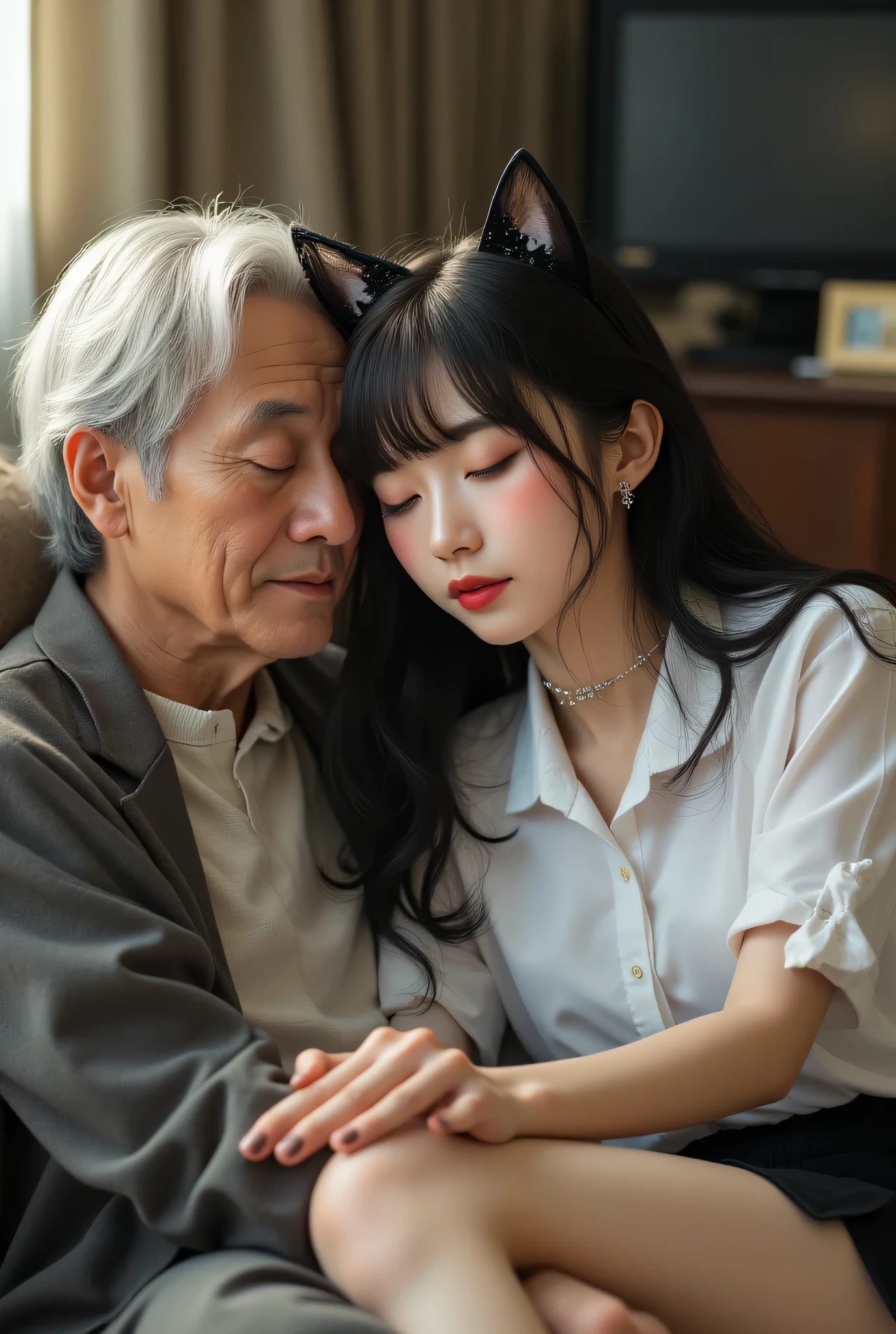 ((room with TV))、perfect masterpiece、beautiful dark-haired young woman、white skin、Pretty Face and Perfect Asymmetrical Body、(old gentleman touching with black velvet gloves)、Uniform - White Shirt with Black Miniskirt - Cat Ears。masterpiece、High Quality、Overwhelming Perfection、born々New texture、Moments of Friendship、realistic texture depiction。((she's closed her eyes))、 (Leaning on the Old Gentleman Next Door、sleeping))、、High Definition CG Unity 8K Wallpaper、最High Quality、extreme detail、masterpiece、real、photorealistic、Very Detailed Cute Girl、18 years old、Girl sitting in a seat 、skinny、Favorability、 functionality 、low angle、Red cheeks、Flushing lips、(Black Loafers:1.5)、 (beautiful face:1.3)、(perfect proportions:1.2)、(long limbs:1.2)、(beautiful:1.3)、(Skin type)、(Rainy Japanese Style Uniform)、 (Cat Play Ball)、(BAPV) beautiful、long hair、viewers、Smile Yan、blue eyes、hair ornaments、、gem、gray hair、 close their mouths 、dull bangs、nail polish、Bracelet with Legs Outstretched、lips、Grey Eyes Behind、portrait、red nails、 close、Red lips、stand up、 place your hands on your cheeks、((電車のGirl sitting in a seat 、))、 (open your legs slightly to make)、Dozing off、(leg enlargement )、Man's Hand Placed on Her Thigh、(8k、RAW images、最High Quality、masterpiece:1.2)、supermodel、fair skin、real shining skin)、 ( RAW images、Max Image Quality)、 (real、photorealisticDock:1.4)、masterpiece、very slim and beautiful、amazing、Delicate texture、High Definition CG Unity 8K Wallpaper、huge file size、Ultra High Definition、High Resolution