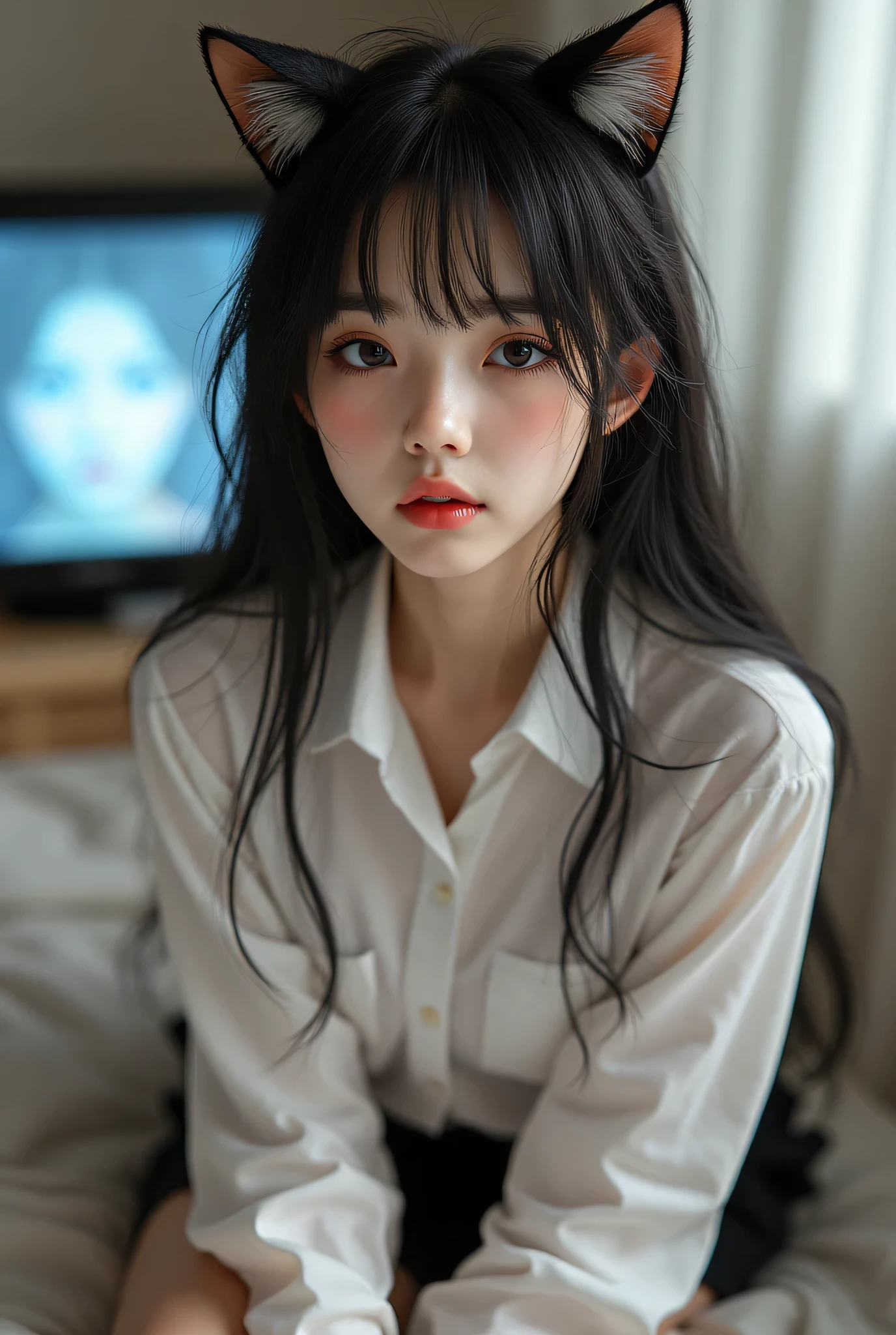 ((room with TV))、完璧なmasterpiece、beautiful黒髪の若い女性、white skin、Pretty Face and Perfect Asymmetrical Body、Uniform - White Shirt with Black Miniskirt - Cat Ears。masterpiece、High Quality、Overwhelming Perfection、born々New texture、Moments of Friendship、realな質感描写。((she's closed her eyes))、 (Leaning on the Old Gentleman Next Door、sleeping))、、High Definition CG Unity 8K Wallpaper、最High Quality、extreme detail、masterpiece、real、photorealistic、Very Detailed Cute Girl、18 years old、Girl sitting in a seat 、skinny、Favorability、 functionality 、low angle、Red cheeks、紅潮したlips、(Black Loafers:1.5)、 (beautiful顔:1.3)、(perfect proportions:1.2)、(long limbs:1.2)、(beautiful:1.3)、(Skin type)、(Rainy Japanese Style Uniform)、 (Cat Play Ball)、(BAPV) beautiful、long hair、viewers、Smile Yan、blue eyes、hair ornaments、、gem、gray hair、口を close、dull bangs、nail polish、Bracelet with Legs Outstretched、lips、Grey Eyes Behind、portrait、red nails、 close、赤いlips、stand up、 place your hands on your cheeks、((電車のGirl sitting in a seat 、))、 (open your legs slightly to make)、Dozing off、(leg enlargement )、Man's Hand Placed on Her Thigh、(8k、RAW images、最High Quality、masterpiece:1.2)、supermodel、fair skin、realな輝く肌)、 ( RAW images、Max Image Quality)、 (real、photorealisticDock:1.4)、masterpiece、非常にスリムでbeautiful、amazing、Delicate texture、High Definition CG Unity 8K Wallpaper、huge file size、Ultra High Definition、High Resolution