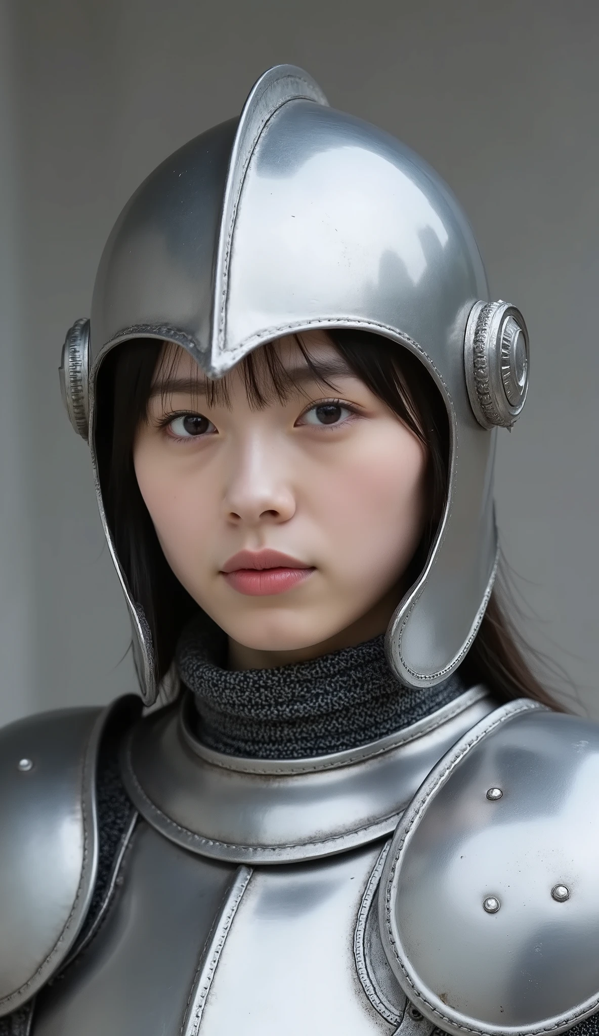 neat young woman wearing luxurious silver armor、、female knight、wears a helmet on his head、full-face helmets、、、looking at camera、looking directly in front、、、face close-up、grey background、