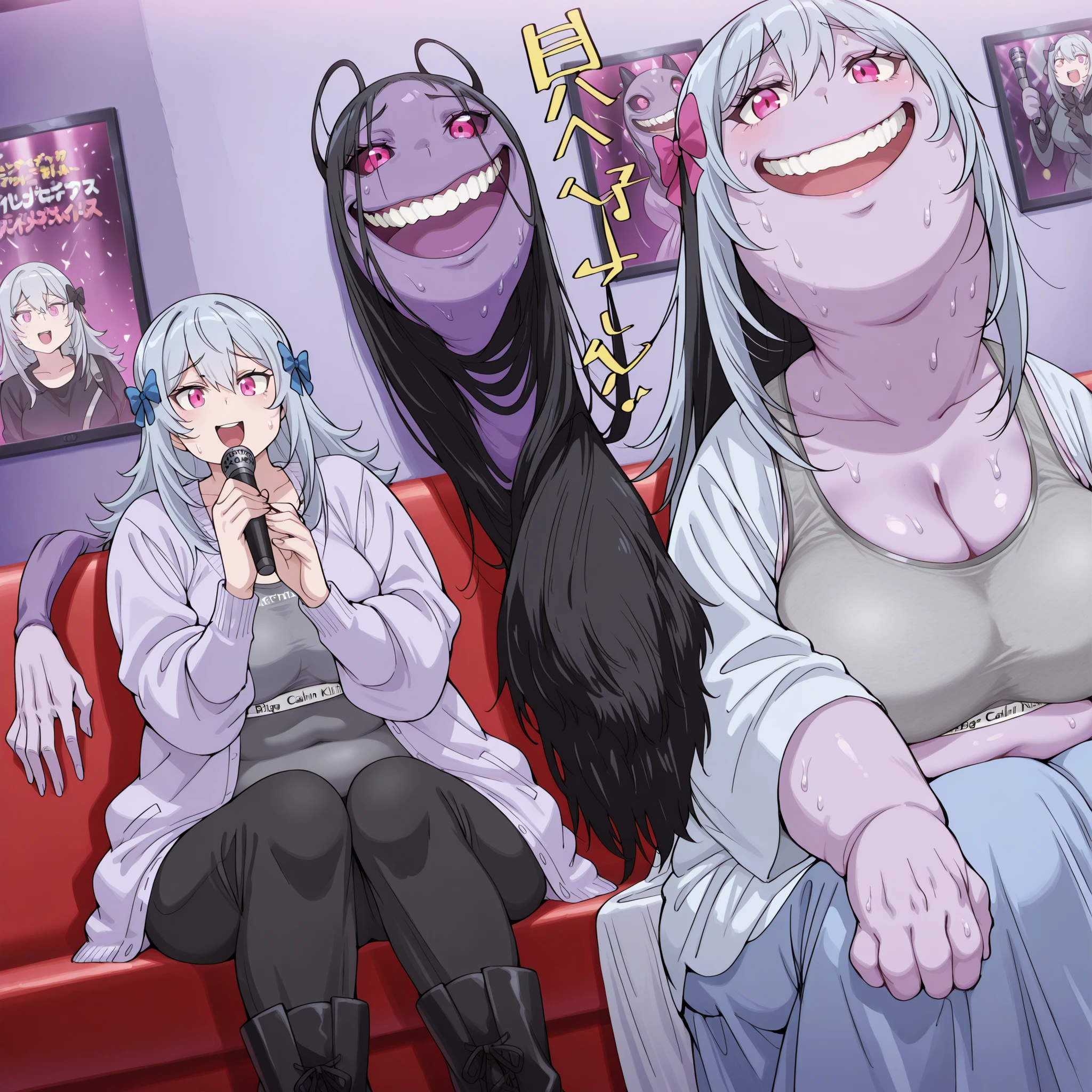 <lora:mierukochan-vol12-illustriousxl-lora-nochekaiser:1>, mierukochan vol12, looking at viewer, smile, open mouth, holding, sitting, microphone, monster, music, holding microphone, singing, karaoke, nervous sweating, nervous, nervous smile, teeth, purple skin, black hair,, reine von silford, blue-grey hair, long hair, pink eyes, 1girl, bow, solo, hair bow, grey sports bra,spors bra,grey sports panties,sports panties,calvin klein, breasts, fat, chubby, obese, fat neck, multiple chins, big breasts open mouth, out of breath, Larger female, full body shot, only head, large head, oversized limbs, large hands, large feet, oversized feet, oversized fingers, big lips, plump lips, fat face, fupa, big fupa, fat fupa,  
