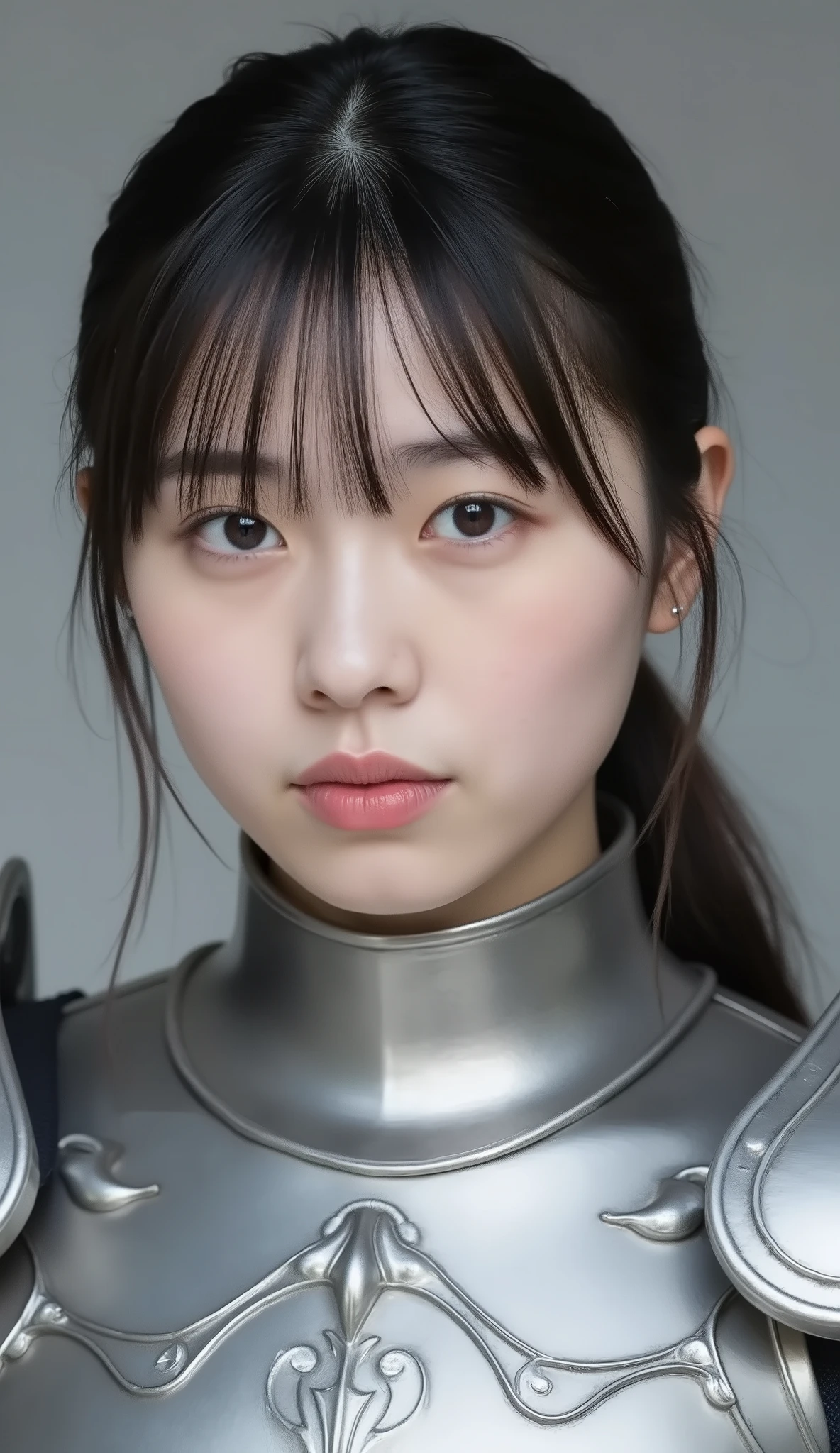 neat young woman wearing luxurious silver armor、、female knight、、、ear piercings、looking at camera、looking directly in front、歯を見せた笑顔、、face close-up、grey background、

