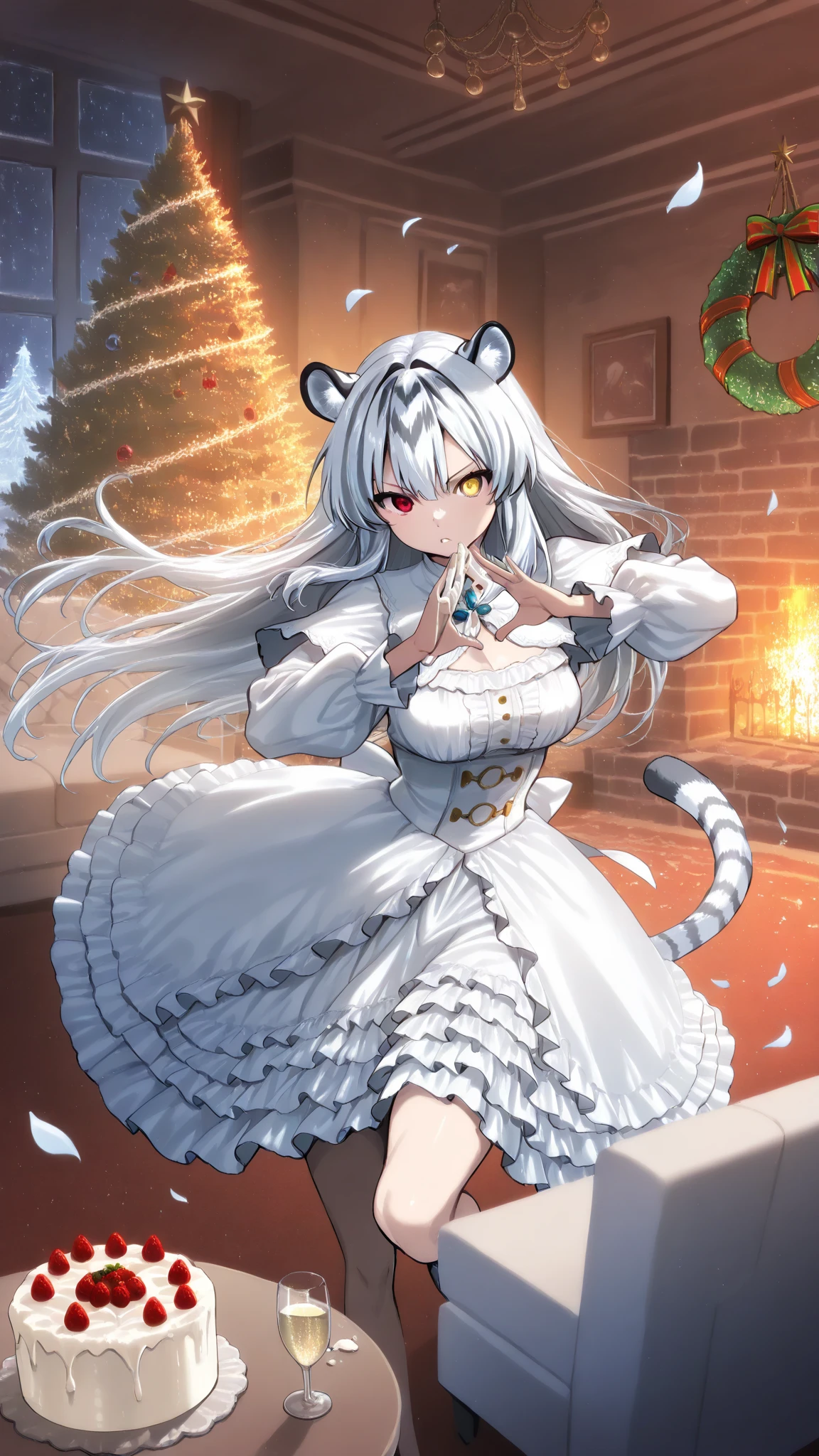 out of window can see winter wonderland, (christmas decorations:1.1), festive lights, room,long table, (cream colored long sofa:1.5), wine, fireplace, sweets, champagne big cake, chicken, 8k Resolution, anime color tone, Solid color, fluttering snow petals, christmas room,8k Resolution, anime color tone, Solid color, 1人目\(サリサ\), 1人目 is 161cm, 1人目 is Long straight silver hair with white tiger ears/tail, 1人目 is medium breasts and curvy, heterochromia (dark red/yellow eyes), 1人目 wears modest white Victorian-style dress and a white 3-tiered frill layered mini skirt, look at viewer, dynamic motion, 
in Ancient Coliseum, slashing sideways, shoots Kamehameha, unleashing a massive energy wave from their hands, with wind and debris swirling around them, (girl:1.8), cupping_hands, fluttering snow petals on hand,