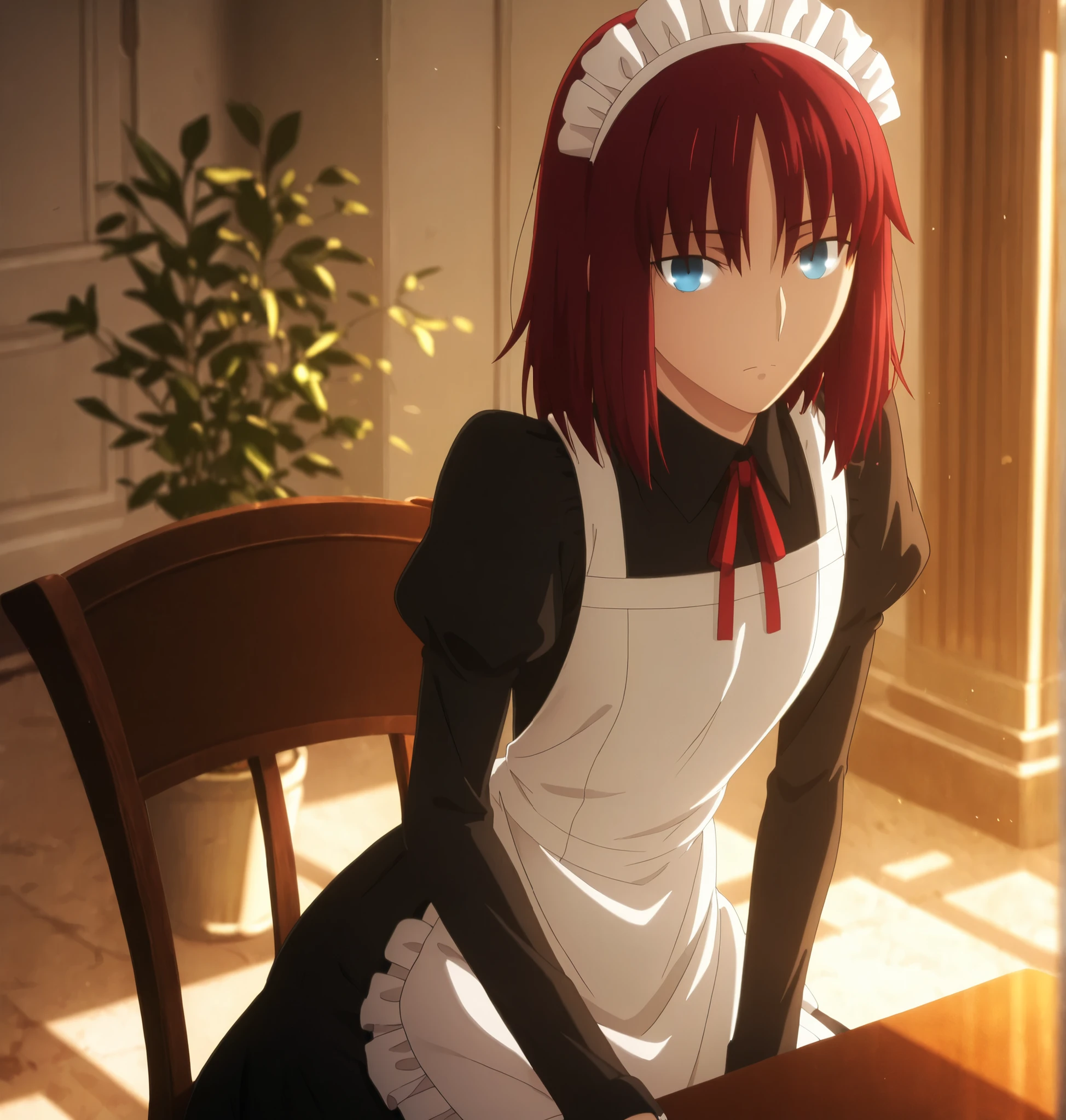 ufotable style ,masterpiece,best quality,good quality,newest, 8k, , from above,
indoors ,((cinematic light, sunlight, backlight)), (sitting ), (plant ,detailed background, mansion), , , 
expressionless,
looking at viewer, hot coffee on desk ,(hair over eyes:0.7),wispy bangs,
solo,
(anime coloring, anime screencap), 
fate heaven`s feel official style, 1 mature girl, (dark red hair),(medium hair), (light blue eyes),slim arms,(flat chest),(tall girl, aged up, :1.31),
cowboy shot, , ,
(maid clothes, maid headdress, black dress shirt, black collared shirt ,white apron, Juliet sleeve, dark red ribbon, neck ribbon,), 