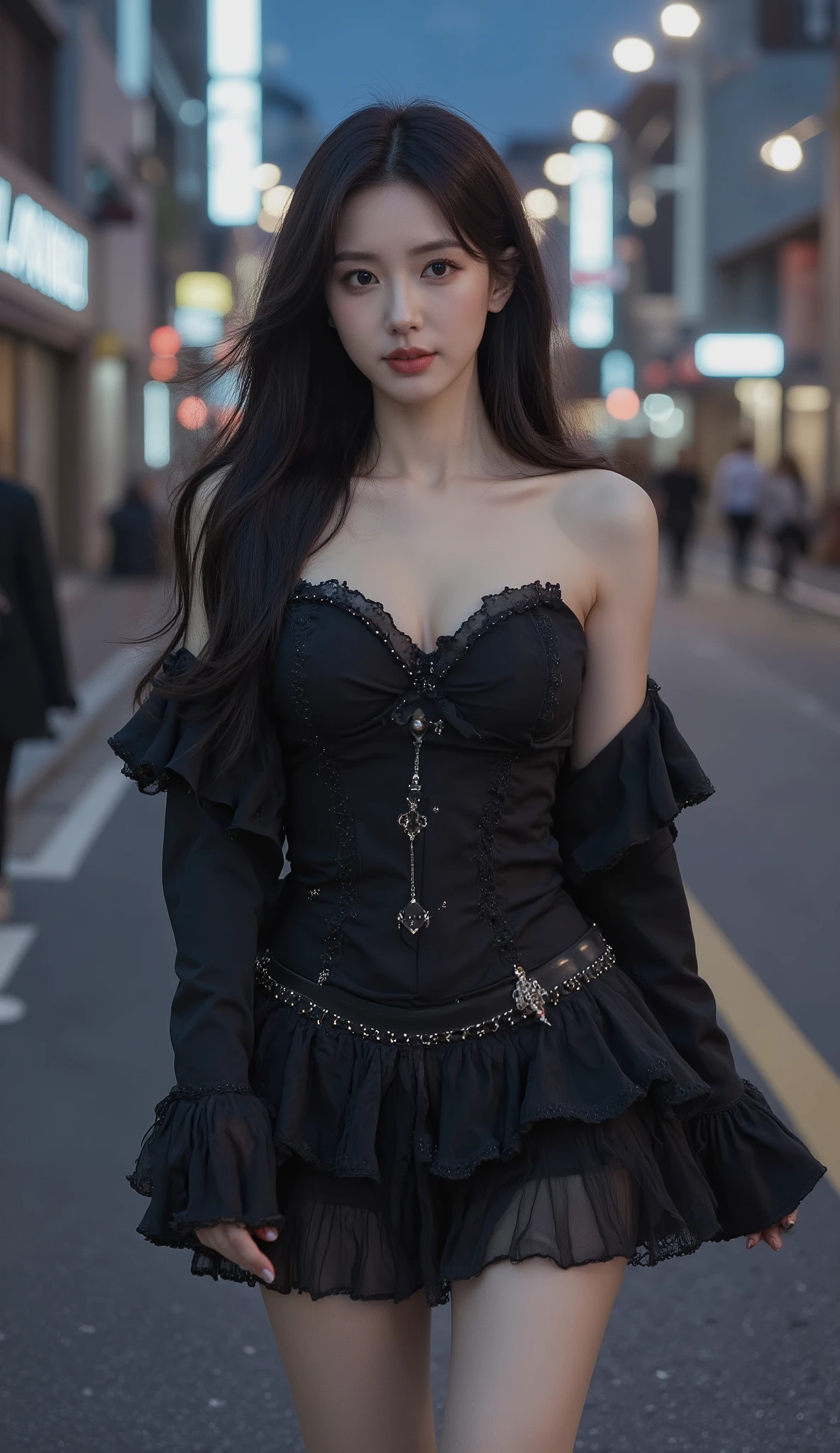 A sexy high school girl with big H-cup breasts and black hair walking in the streets of Shinjuku wearing Gothic Lolita fashion. She is doing the Monroe walk with her chest wide open.