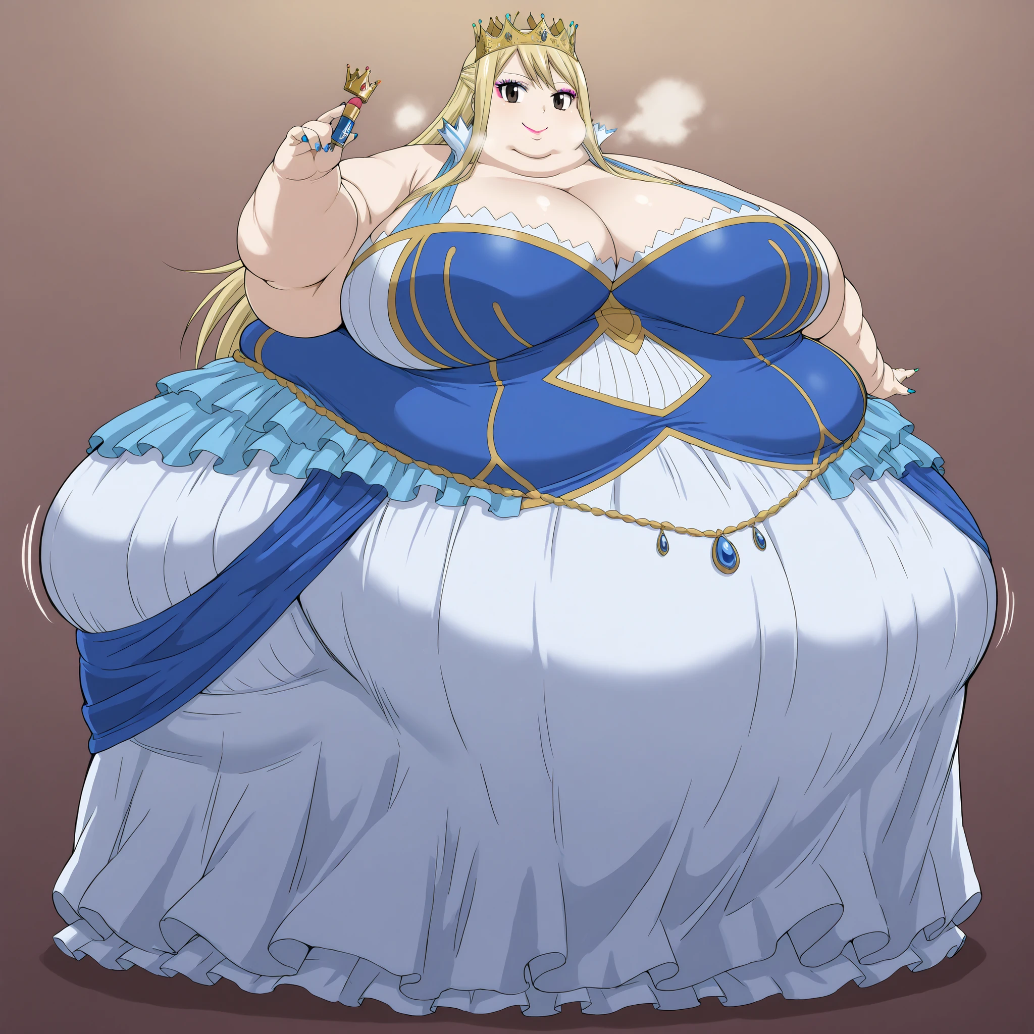 lucy heartfilia, long hair, blonde hair, large breasts, brown eyes, smile, royalty, dress, crown, makeup, lipstick, painted nails, fat, chubby, obese, fat neck, multiple chins, big breast, out of breath, Larger female, full body shot, Extremely obese　puffy puffy fat　Body Length, side view 