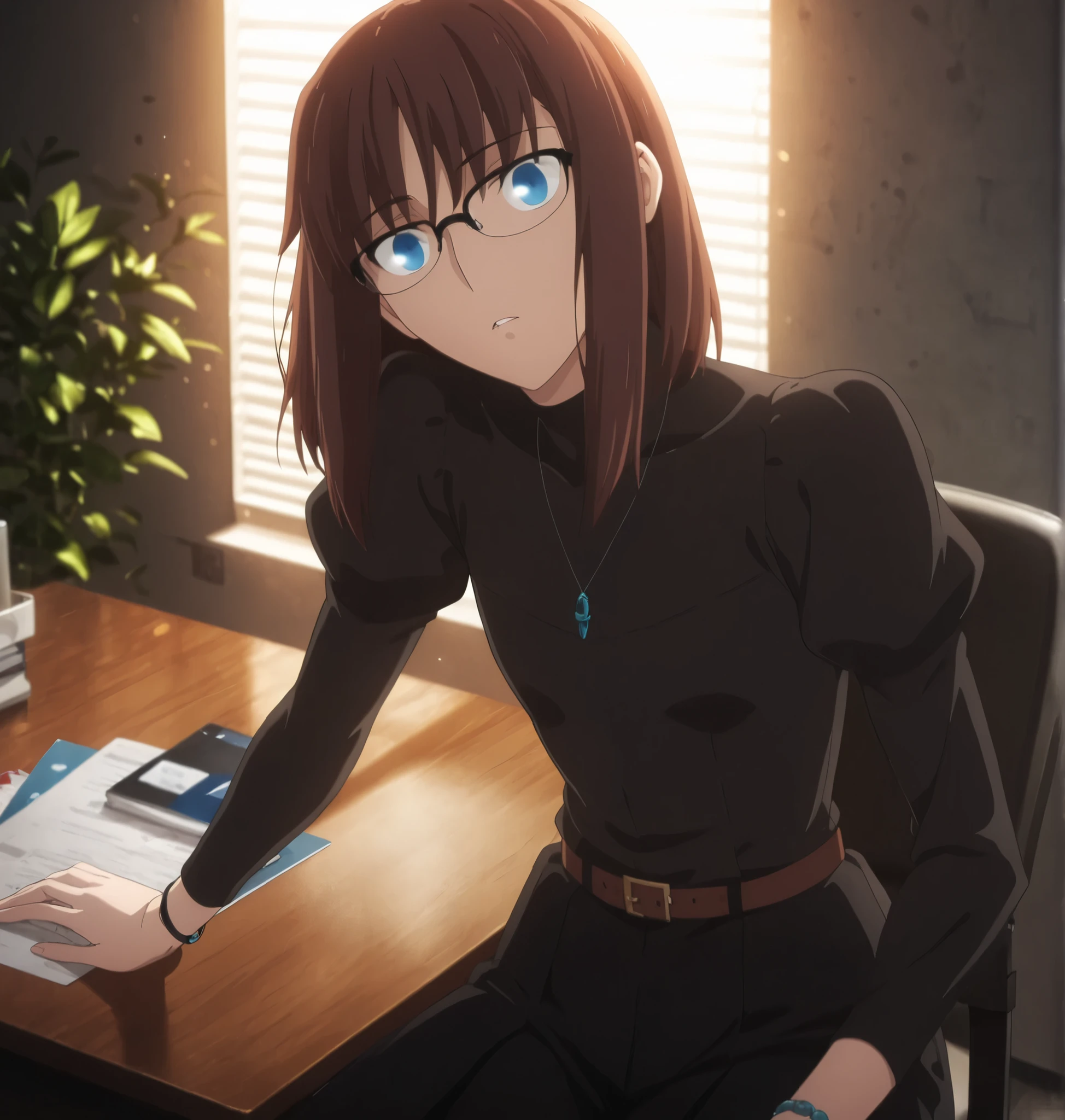 ufotable style ,masterpiece,best quality,good quality,newest, 8k, , from above,
indoors ,((cinematic light, sunlight, backlight)), (sitting ), (plant ,detailed background, office),parted lips, ,
expressionless,
looking at viewer, (upturned eyes), head tilt, bracelet, pc ,hot coffee on desk ,(hair over eyes:0.7),wispy bangs,
solo,
(anime coloring, anime screencap),
fate heaven`s feel official style, 1 mature girl, (brown hair),(medium hair, long sidelocks), (blue eyes),(black frame glasses),slim long arms,(flat chest),(tall girl, aged up, :1.31),
cowboy shot, , ,
(black high neck, black one-piece shirt, long-sleeve, , brown belt, black culottes,),