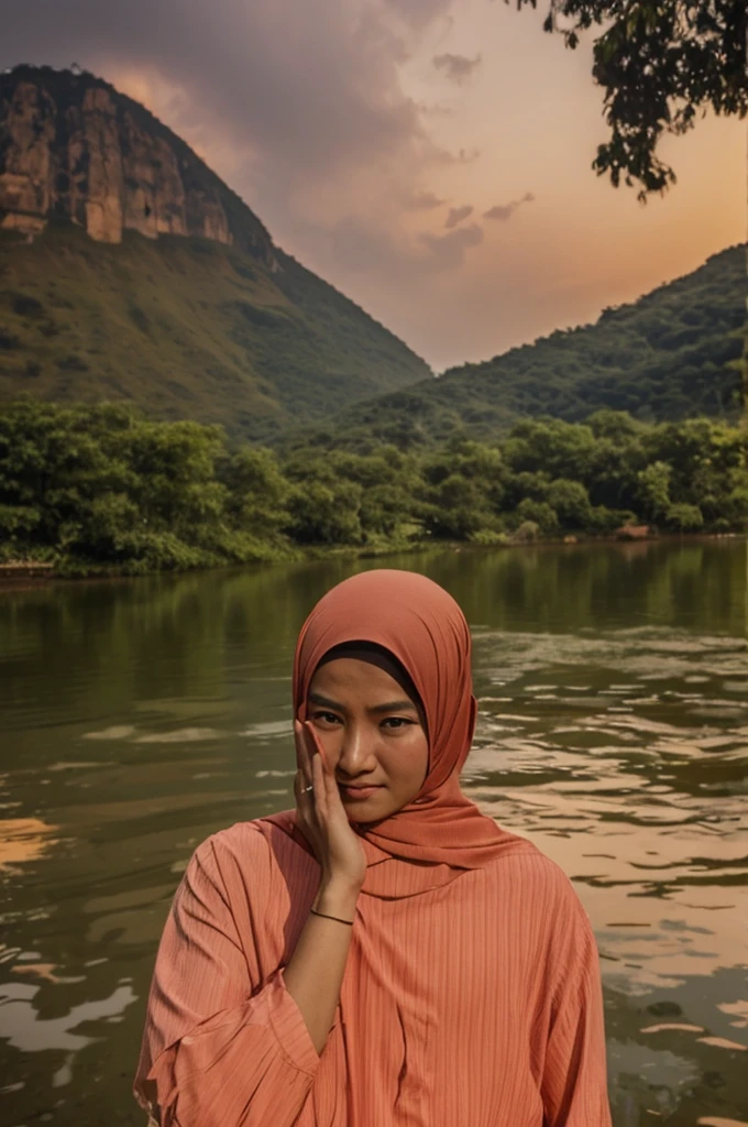 make an original photo of a beautiful young Malay woman with a clean and soft face,Wear long clothes ,casual pants ,Hijab , wearing sneakers ,standing pose /walking full body while holding the camera 📷,beautiful natural scenery background, river, waterfall , log cabin, bridge,river air bening ,there are green plants,flower ,red betel plant, Lotus , there is a swing ,flying bird, realistis HD high-quality photography, high focus, long shoot cinematic,32k. 