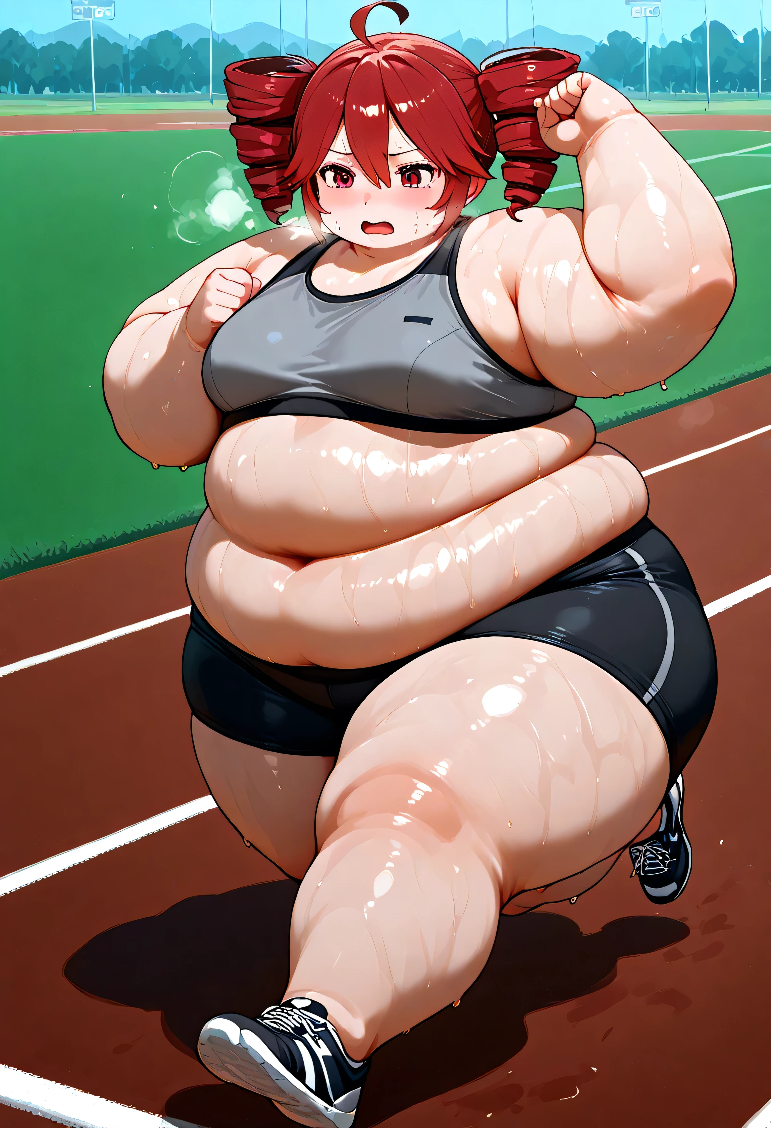 deep bass teto,girl,alone。 twin drill, red hair, fat, chubby, obese, gigantic arms and legs, medium breasts, gray sports bra, black yoga shorts, running pose, running, track field, sweaty, tired expression, out of breath, open mouth, running shoes