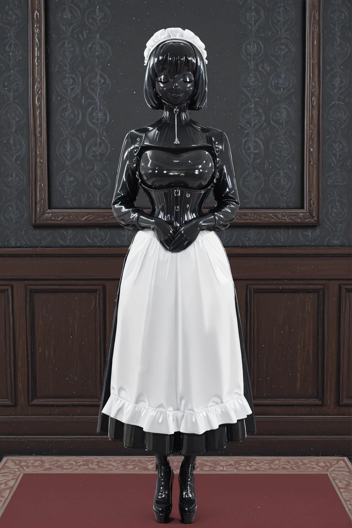 maniajuns, black latex skin, black lenses, black hair, happy, girl in closed shiny black catsuit,NeckCorset, HW_Corset, standing,latex,maid,gothic,black latex long skirt, Wide Skirt,black latex long puffed sleeves,black latex long gloves,white latex big apron, full body, 1 girl,  high heels,view straight ahead,front view..