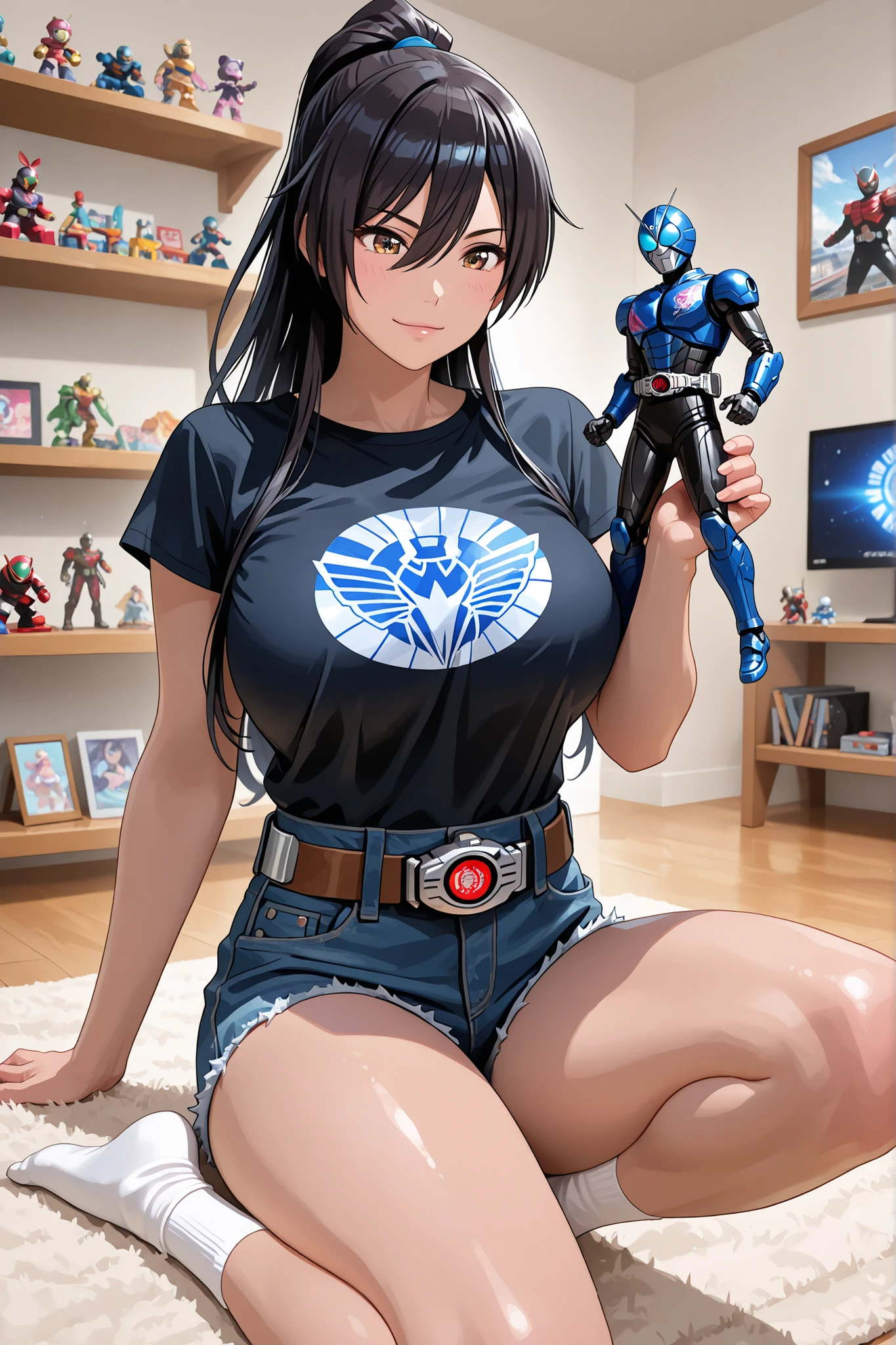 ,dark haired,long hair,high ponytail,Shirase Sakuya,,big boobs,huge boobs,big boobs,,Super Breasts,Black short sleeveＴshirt((Short-sleeve)),Kamen Rider Prints,denim shorts, white socks,Transformation Belt,androgynous,hermaphrodites,Clothed  ,has an  in clothes,chic room,tv set,shelf,comics,robot figure,Hero Figure,toys,playing,High Resolution,High Quality,high image quality,masterpiece,,