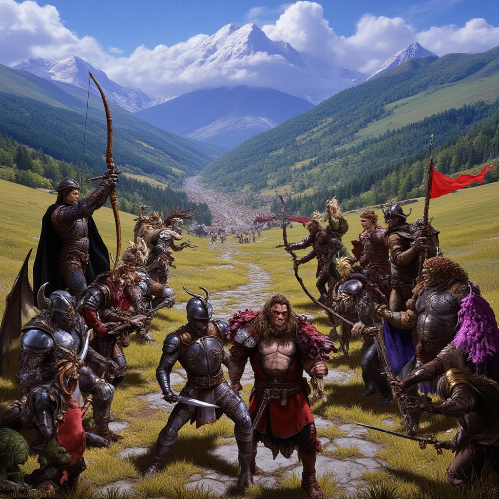 Black Viking left arm tattoo design, a full body muscular viking man and beautiful blond woman showing big busty and butt without any clouds showing , muscular legs, holding big sword with right hand, brown hair divided with bangs, perfect eyes, wearing warrior leather shoes, wearing warrior boots, lake and mountains in the background.
