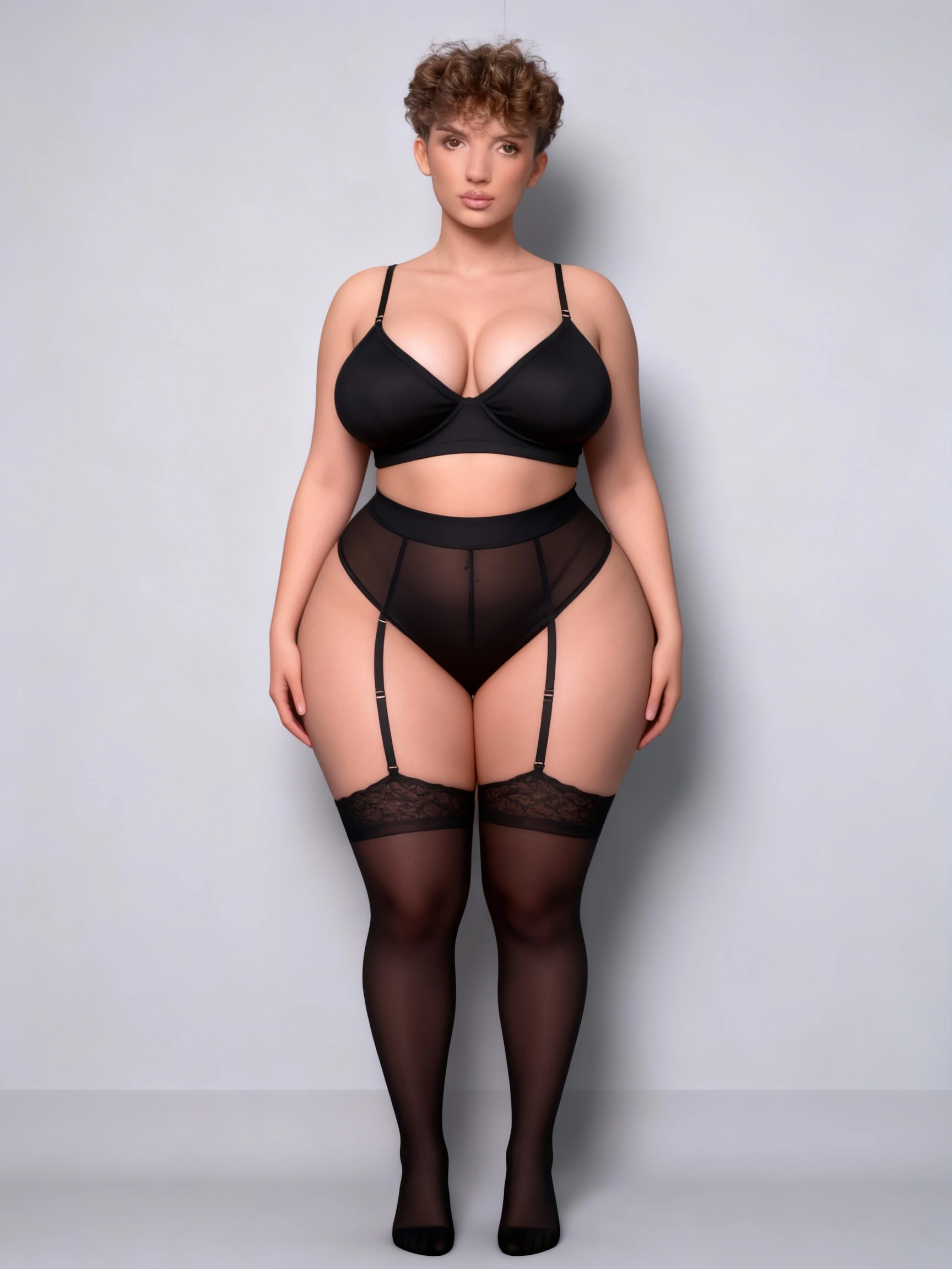 (Unreal Engine 5)), ((ultra high definition)), ((ultra high resolution)), (Complete clarity), (Maximum Quality), (cinematic), (8K), ((black hair)), ((purple eyes)), ((very beautiful)), ((very plump)), ((very tall)), (alone), ((whole body)), ((very detailed face)), ((very detailed eyes)), ((black eye)), (ultra-realistic eyes), (perfect body), (delicate hands), ((very detailed hand)), (studio lighting), (Very happy smile), ((soft skin)), ((pearl skin)), ((very small ???????)), ((wide hip bones)), ((wide ?????)), ((incredibly thick thighs)), ((ultra bubble thighs)), ((hanging on the ????)), ((very thin waist)), ((natural skin)), ((unique)), ((It's completely realistic)), (It's so sweet), ((Always the same face)), ((repeat Always the same face)), ((always the same body)), ((always the same ratio)), ((looking at the camera)), ((no stomach)), ((Flat belly)), ((no fat)), ((straight hair)), ((black lace dress))