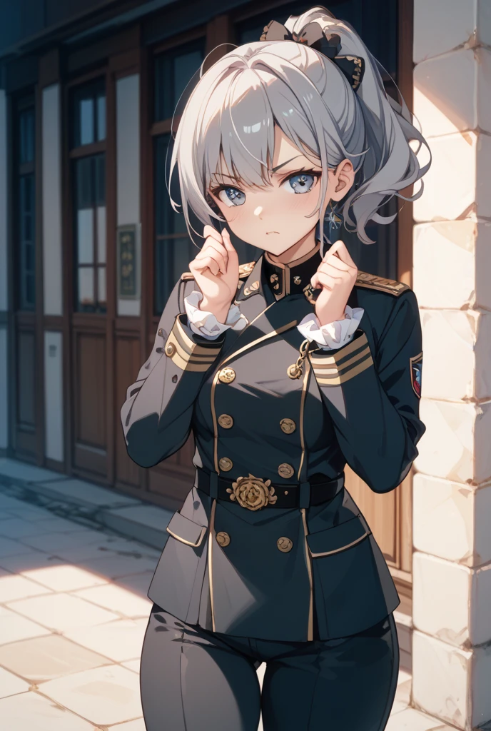 silver blond　short-cut　short-hair　Very short　Blue eyes　　a scool girl　Crisp face　Scars on the face　Scratches　Lacerations　faces　scarface　Large scratches　　Harry Potter　hogwarts magic　school uniform uniform　black robes　white  shirt　red necktie　Badge on the 　trouser　Hogwarts　Gryffindor