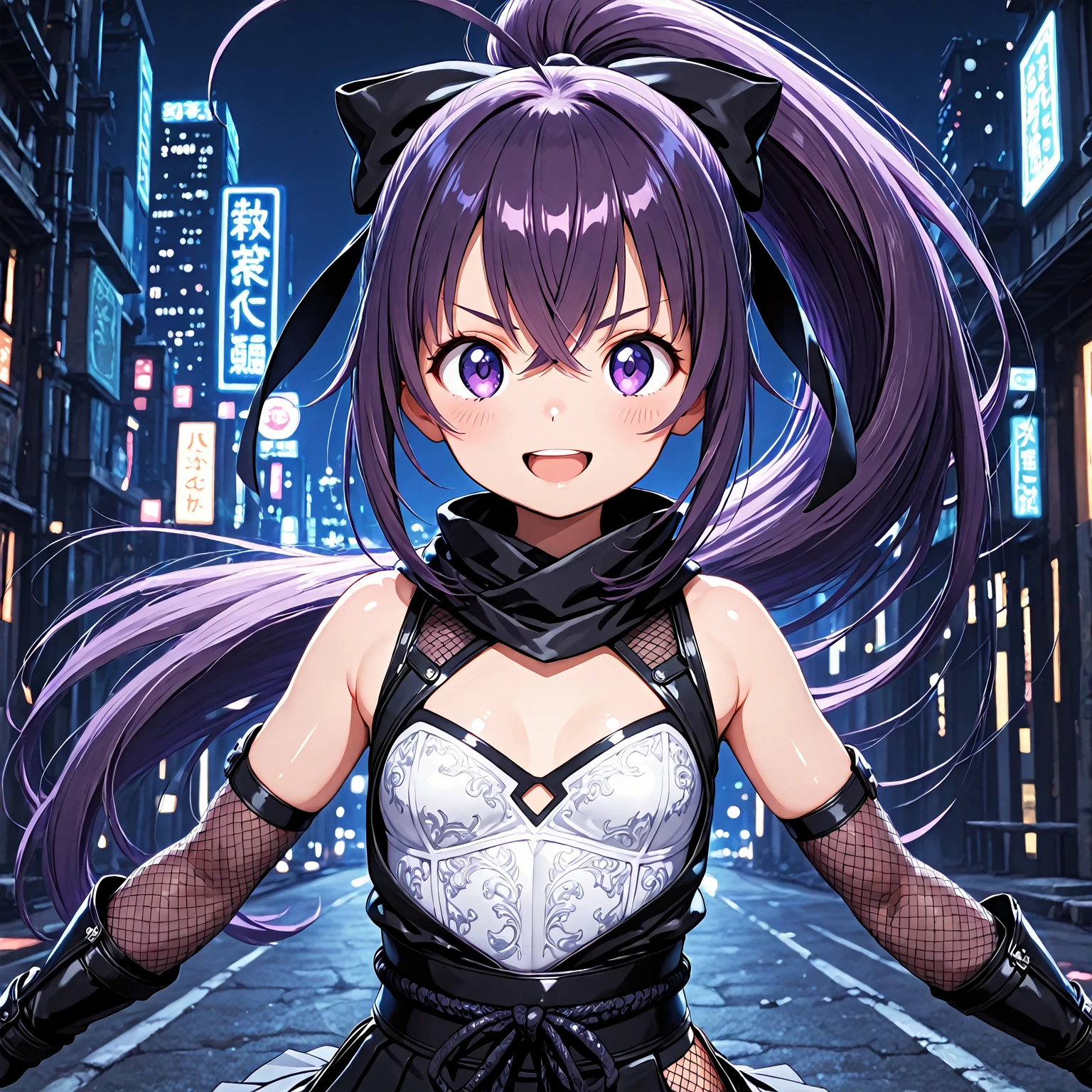(highest quality: 0.8), (highest quality: 0.8), Perfect anime illustration, Close up portrait of beautiful woman walking in city。Very long purple hair、Large 、赤面したRed eyes。 White Dress、Neon night city、Ultra-detailed、Ultra-detailed顔、Bright Eyes、Galaxy in the eye、Disorganizedな4kフルHD、pixiv Top、Very well done、Red eyes、 Disorganized