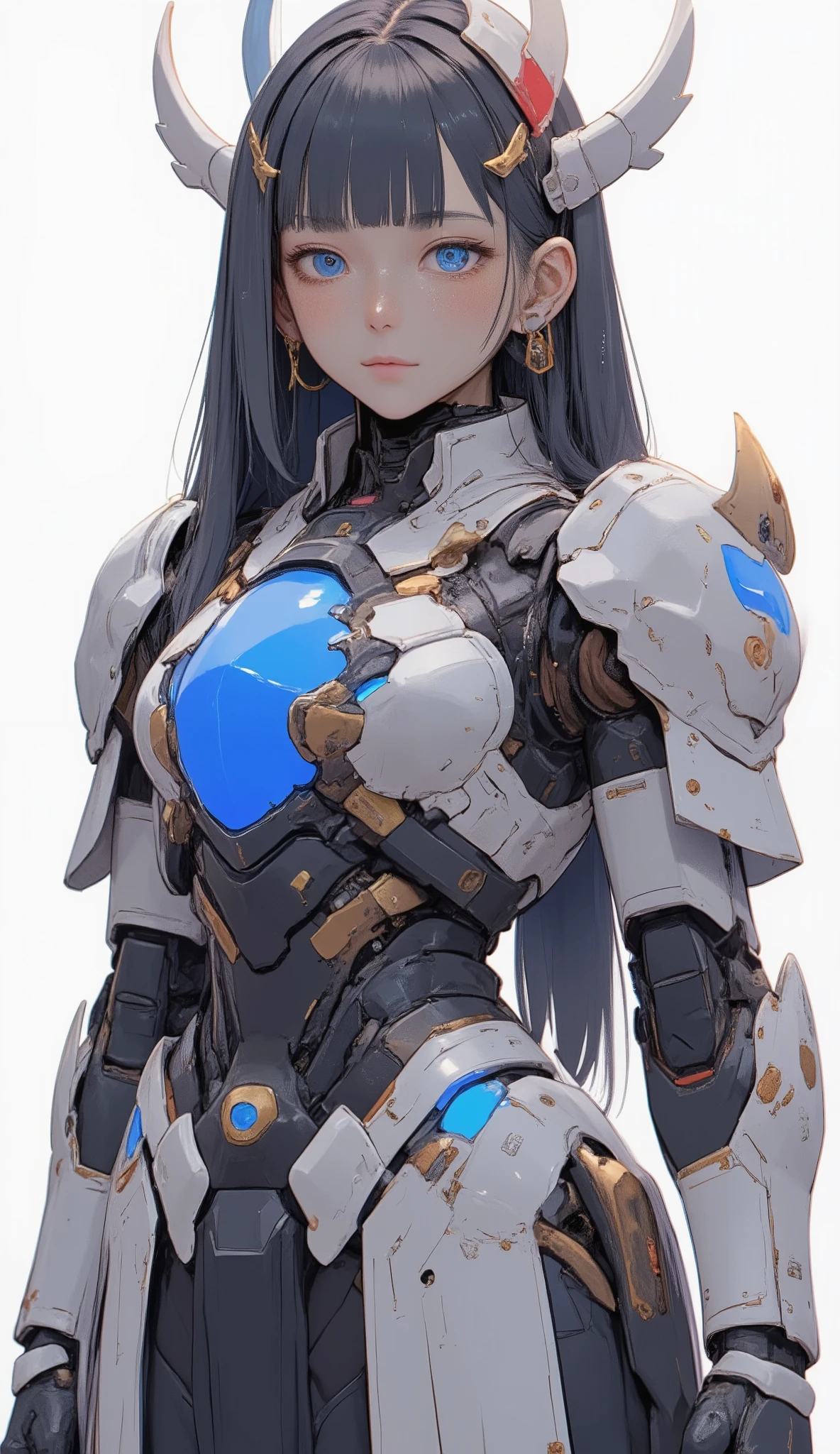 bust shot / upper body shot、詳細で印象的なガンダムを連想させるロボットSuitを着た美しい日本人女性が、It stands on a simple white background, Standing on a simple white background, neutral background . Suit、 the face and eyes of women a prominent blue chest plate with red and gold accents, It features designs reminiscent of futuristic armor. shoulders and arms、 is covered by a white protective plate with black and red details, mechanical yet sophisticated look. Also for legs、 the face and eyes of women a combination of white armor with subtle red accents and blue elements on the legs, Similar to advanced robot exoskeleton designs. the face and eyes of women , adds a human element to mechanical ensembles. 照明はSuitの光沢を際立たせます, with reflective texture, creates a dynamic and appealing visual contrast. humans and humans in elaborate and impressive robot suits reminiscent of Gundam The robot element in the combination costume、ガンダムを思わせる精巧で印象的なロボットSuitを着た、 exudes both strength and elegance.