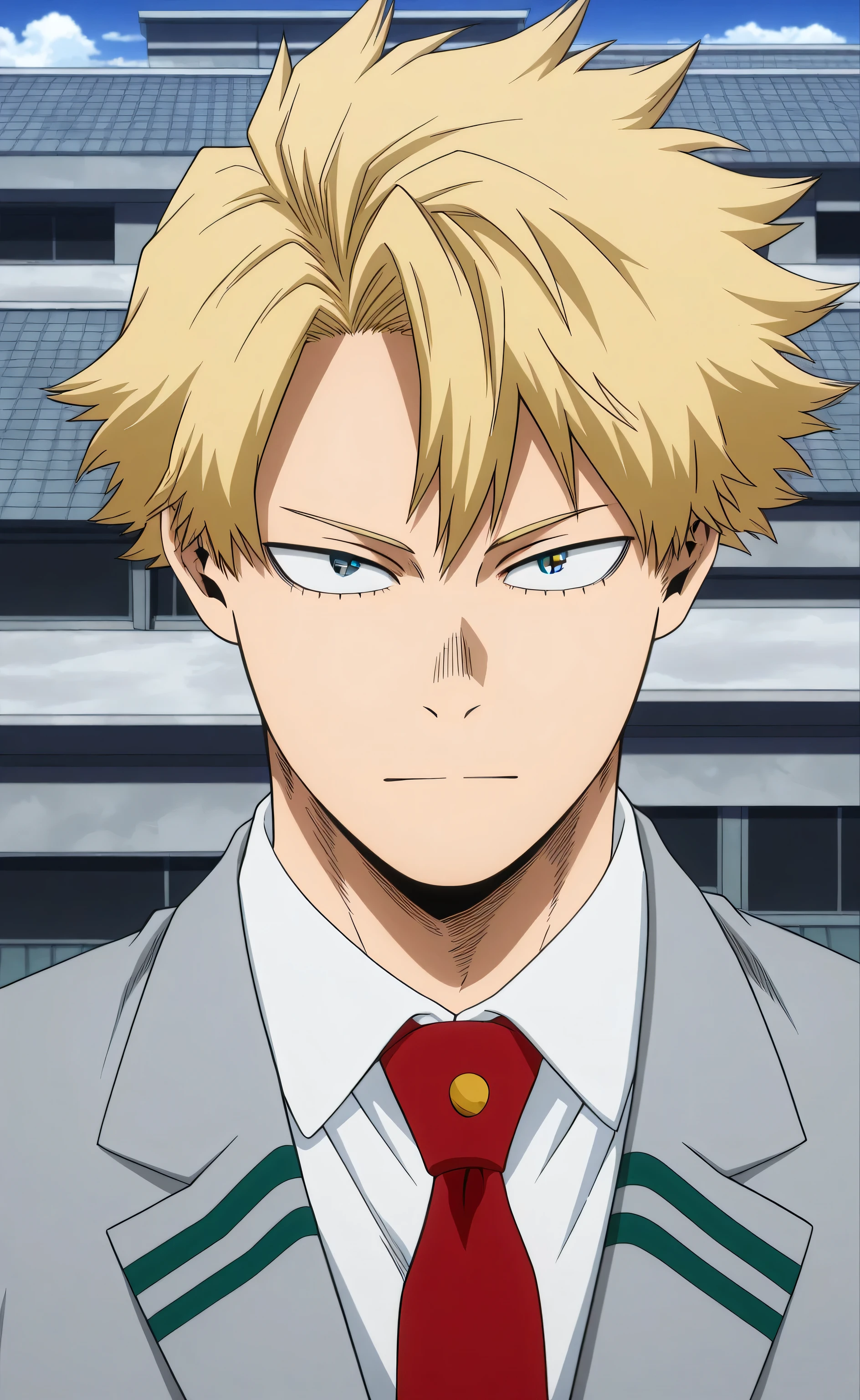 1male, solo, blond hair, short hair, comma hair, grey eyes, students, grey blazer, white shirt, red necktie, muscle, portraits, school, rooftop, japan, Boku no Hero Academia Anime Style