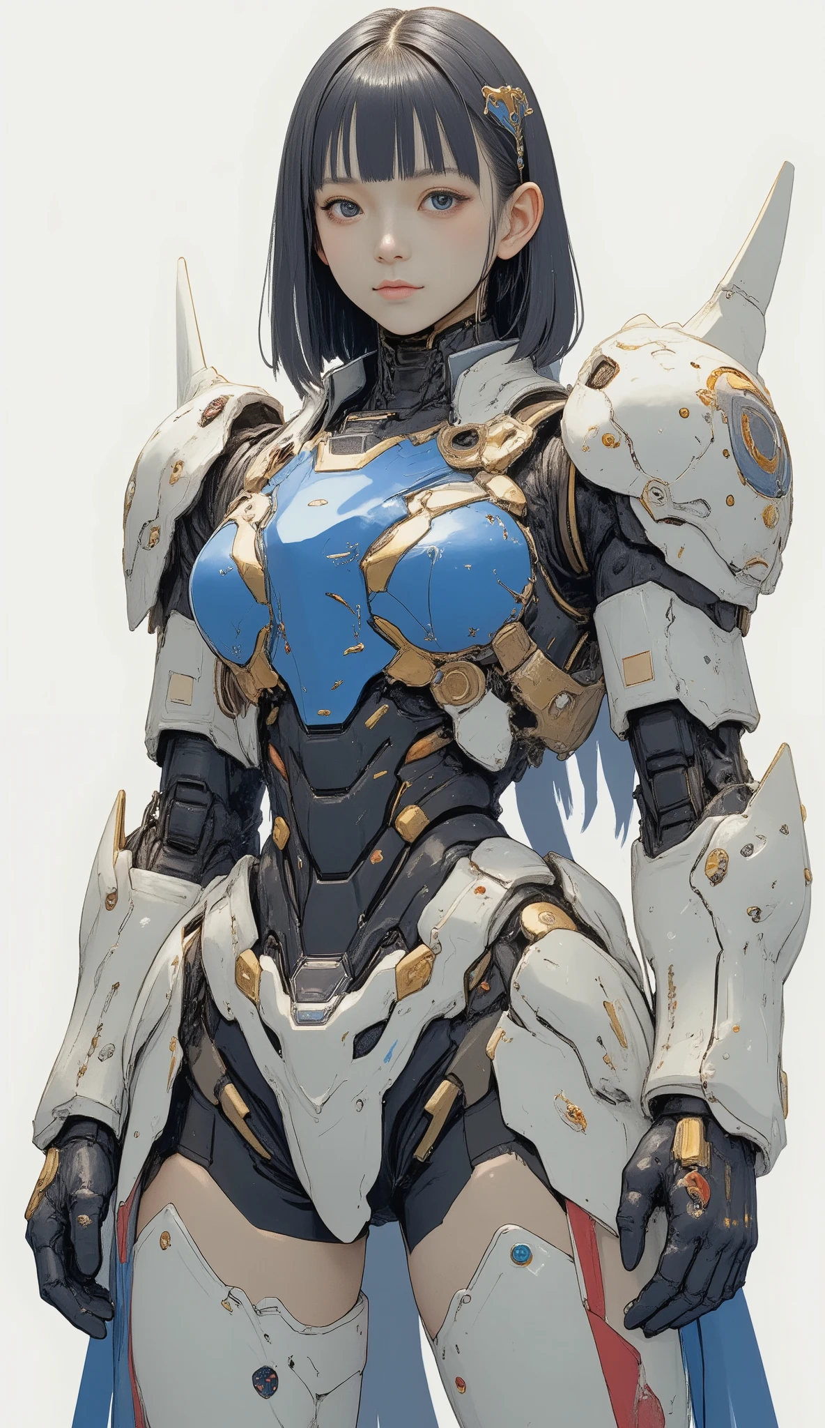 close-up、詳細で印象的なガンダムを連想させるロボットSuitを着た美しい日本人女性が、It stands on a simple white background, Standing on a simple white background, neutral background . Suit、 the face and eyes of women a prominent blue chest plate with red and gold accents, It features designs reminiscent of futuristic armor. shoulders and arms、 is covered by a white protective plate with black and red details, mechanical yet sophisticated look. Also for legs、black eyes、 the face and eyes of women a combination of white armor with subtle red accents and blue elements on the legs, Similar to advanced robot exoskeleton designs. the face and eyes of women , adds a human element to mechanical ensembles. 照明はSuitの光沢を際立たせます, with reflective texture, creates a dynamic and appealing visual contrast. humans and humans in elaborate and impressive robot suits reminiscent of Gundam The robot element in the combination costume、ガンダムを思わせる精巧で印象的なロボットSuitを着た、 exudes both strength and elegance.
