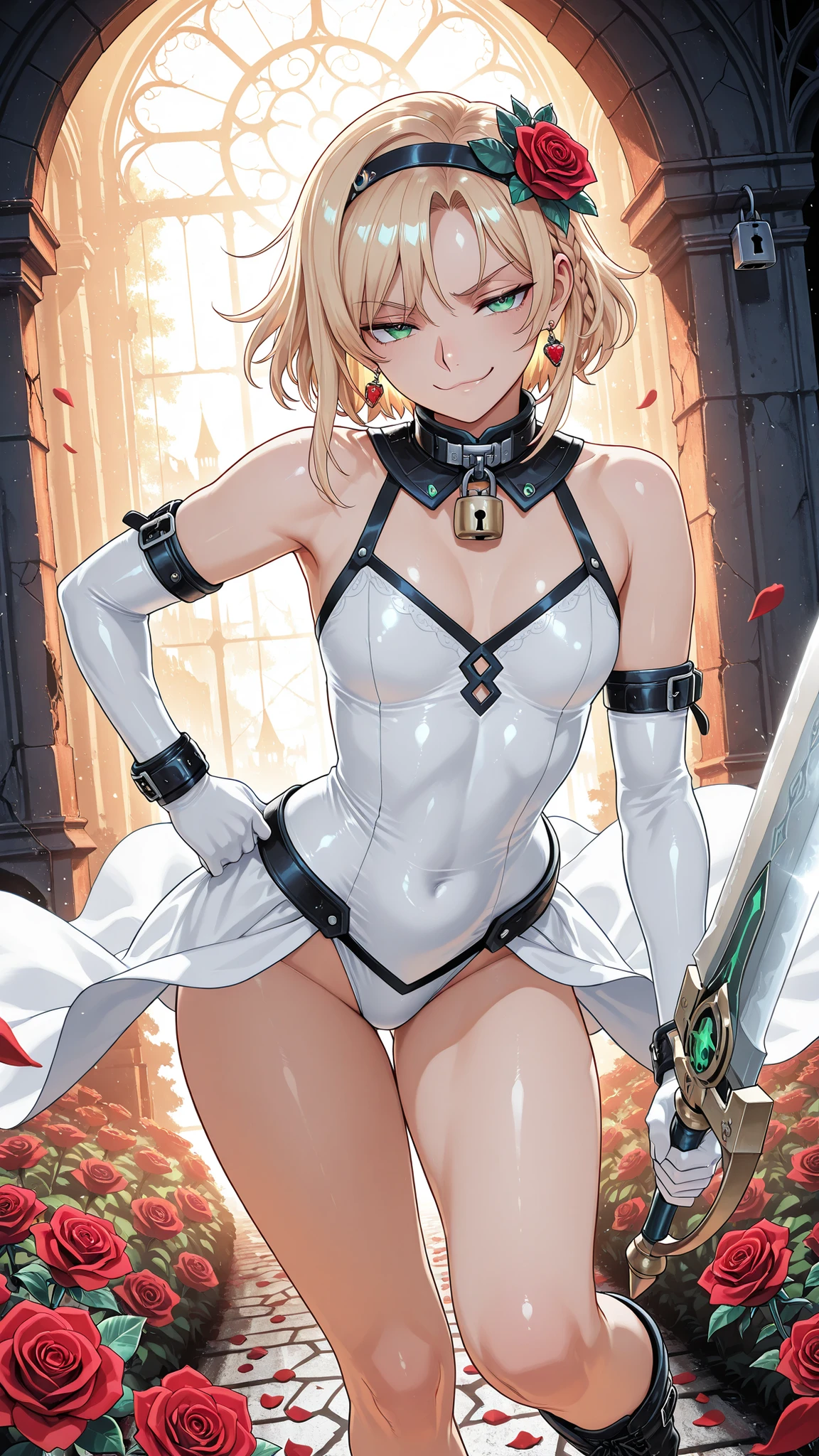 {{{animated film}}},{{{masterpiece}}},{{{top quality}}},{{super detailed earrings}},{{very soft and beautiful}},(top quality),Official Art, high rating ,High Resolution,incredibly High Resolution,masterpiece,top quality,Very Aesthetic,super detailed earrings,best illustration,Unity 8K Wallpaper,full detail,sexy body,dynamic lighting,HDR,Golden Hour, natural light, Excellent lighting,rose garden, Abandoned Castle,rose garden, floating rose petals,red roses, Rosendall ,upper body with clear contours,1 otome,smug,has a, huge_wide blade, no dominant hand, Action Poses, DYNAMIC POSES, girl, slay enemies with all your might, Blonde, French braids, Single Hairband , green eyes, stupid hair, White body, Elbow Gloves, Molnando, neckline, detachable collar, padlock, Lock, Bare feet, boots , flower crown small breast