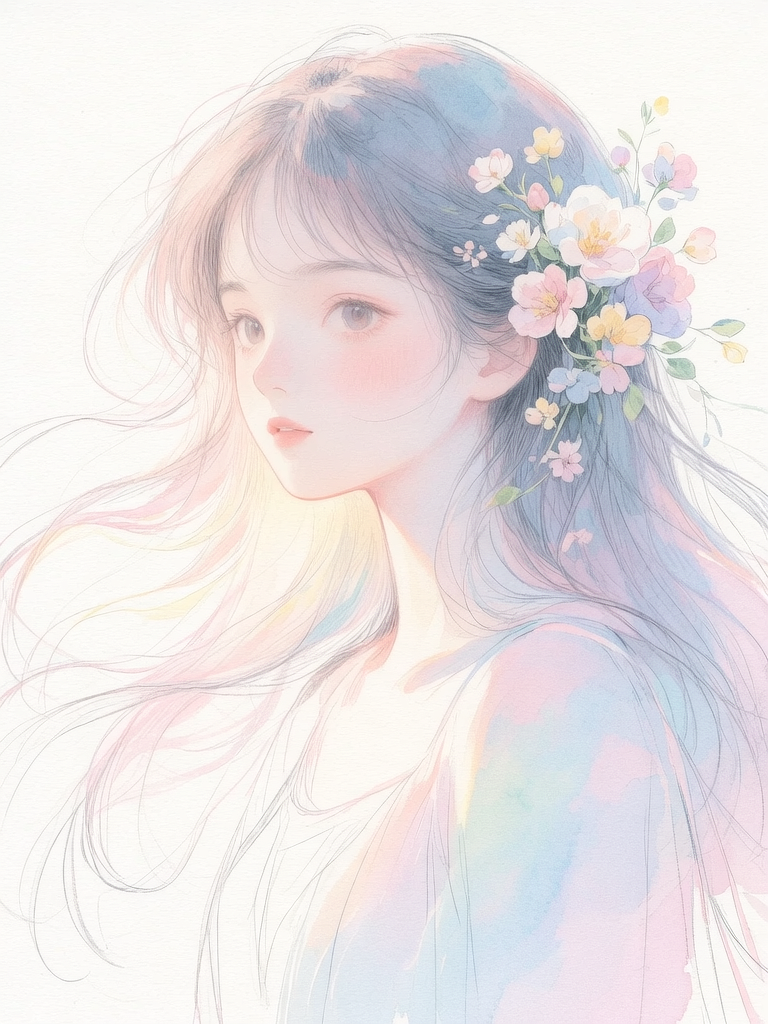 A very detailed watercolor painting, Has flowers that are reminiscent of summer, Depicting a beautiful woman